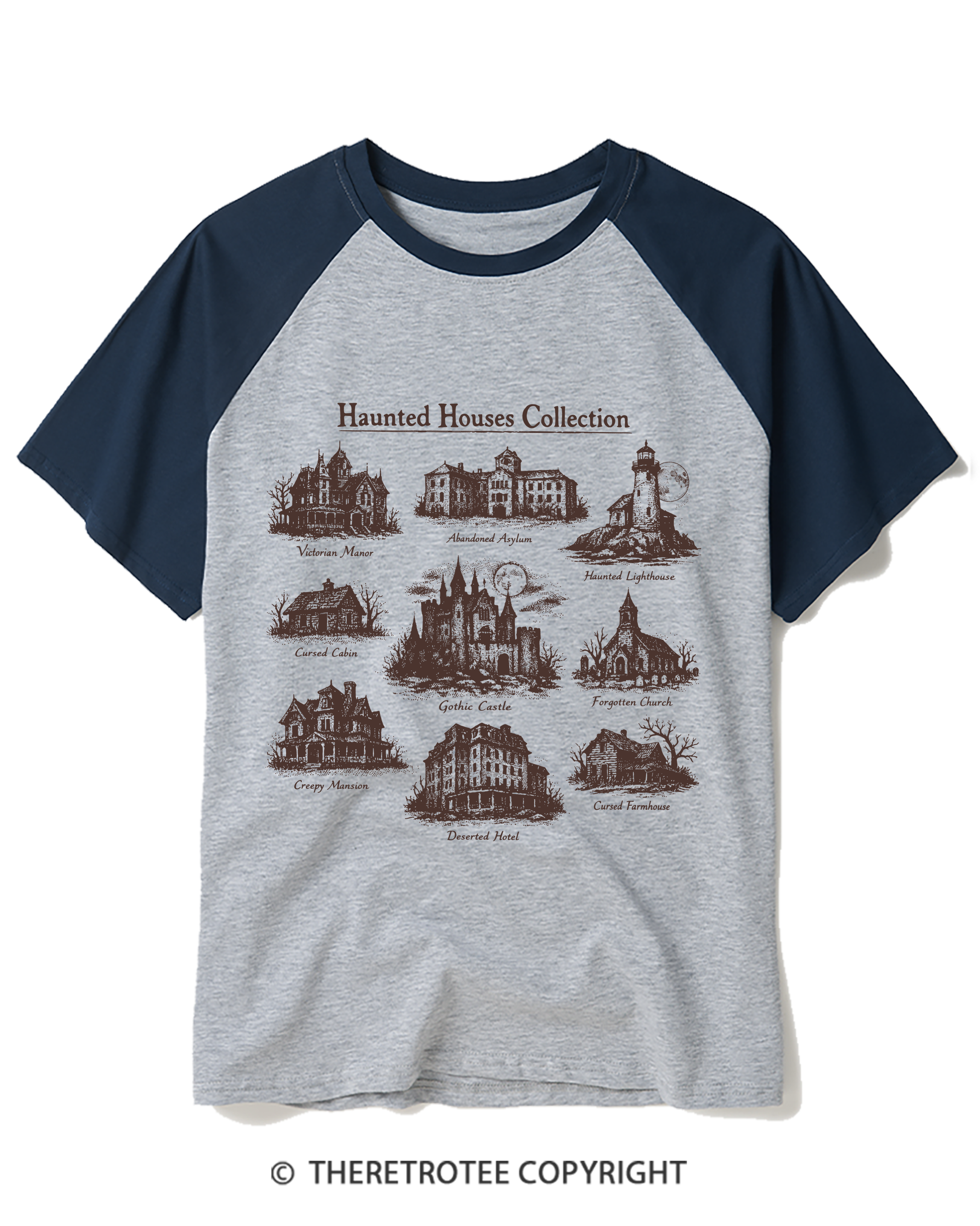 TheRetroTee Vintage Haunted House Field Guide Raglan Baseball T-Shirt