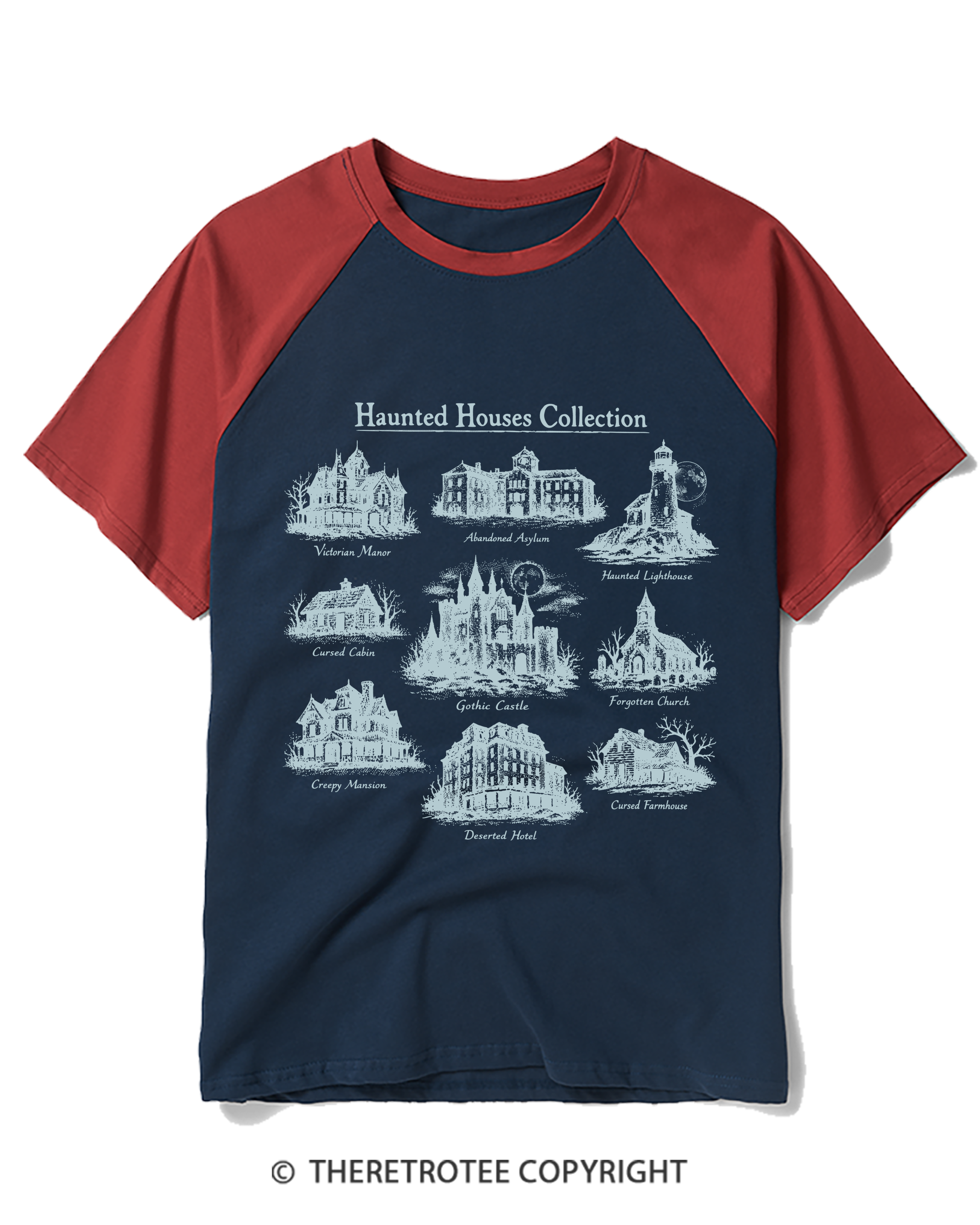 TheRetroTee Vintage Haunted House Field Guide Raglan Baseball T-Shirt
