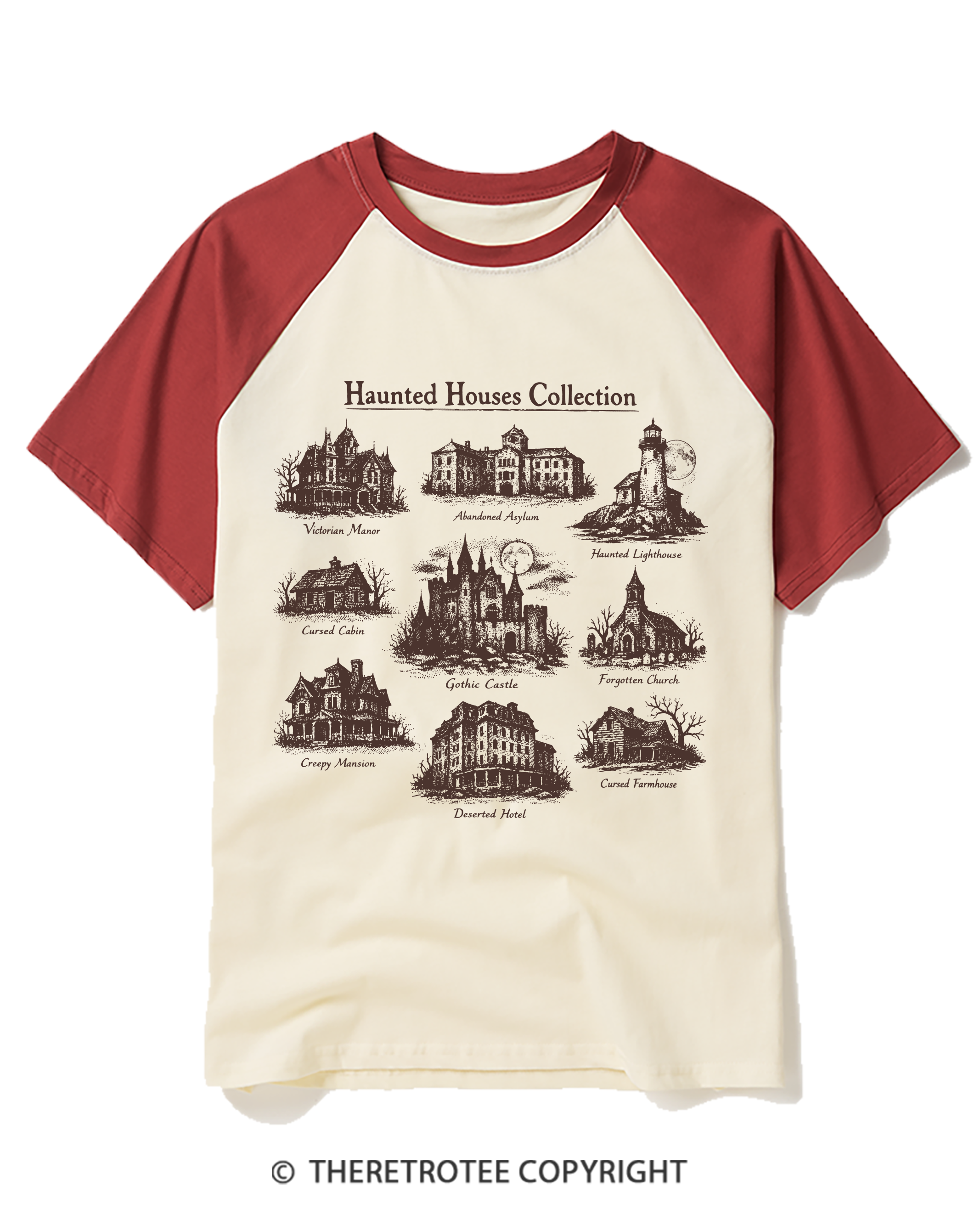 TheRetroTee Vintage Haunted House Field Guide Raglan Baseball T-Shirt