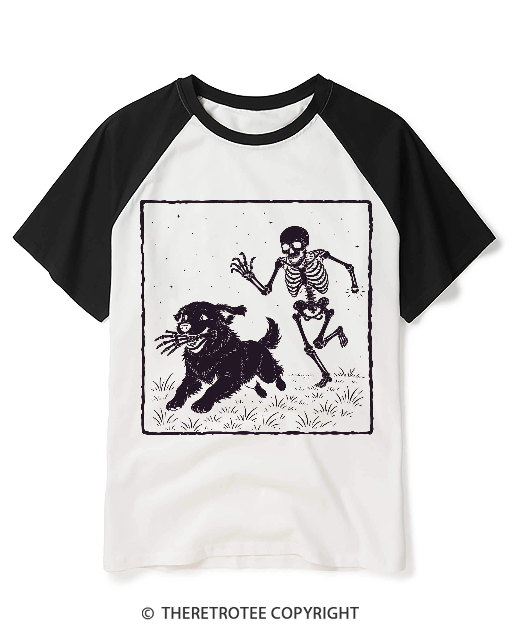 TheRetroTee Funny Skeleton Dog Raglan Baseball T-Shirt