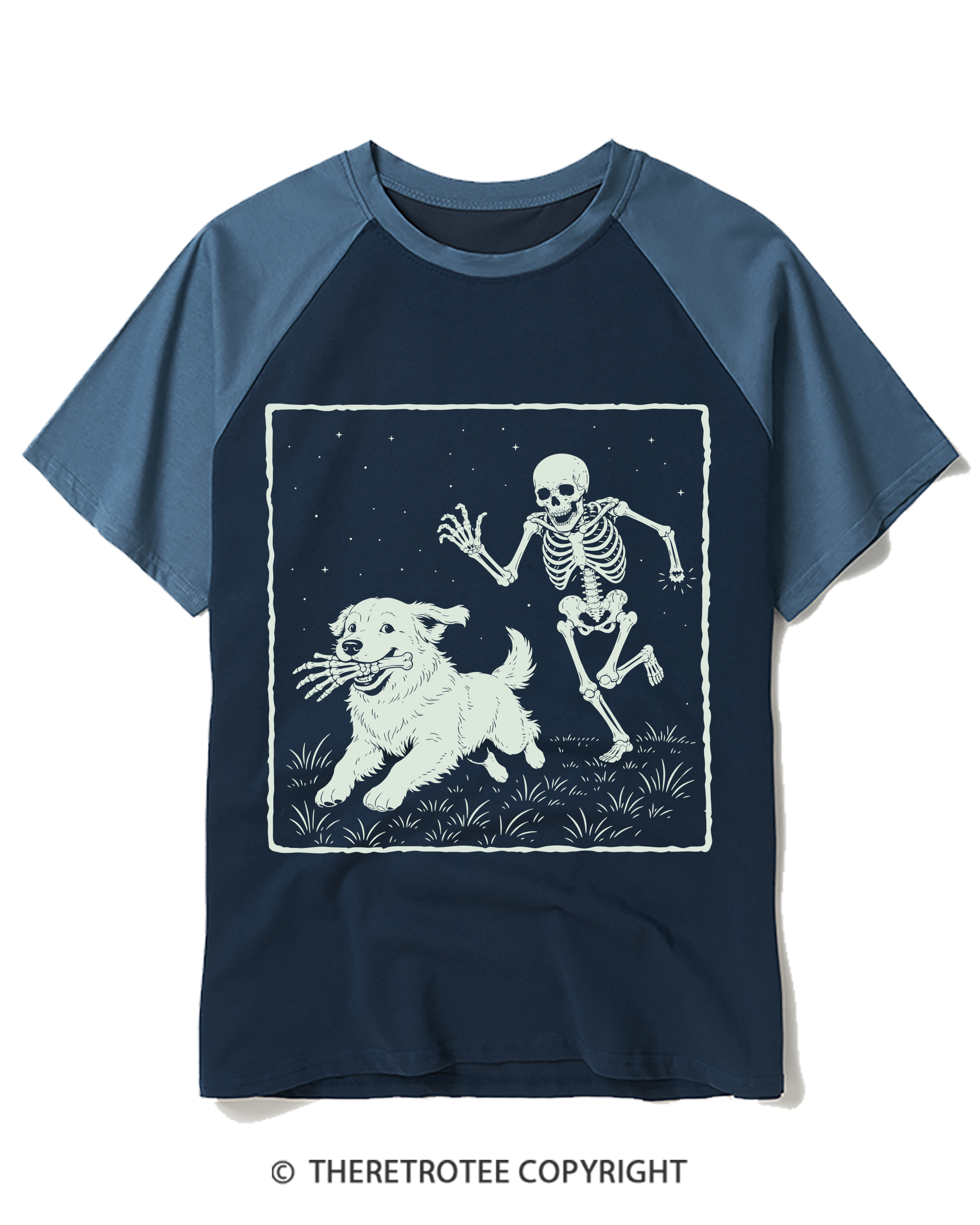 TheRetroTee Funny Skeleton Dog Raglan Baseball T-Shirt