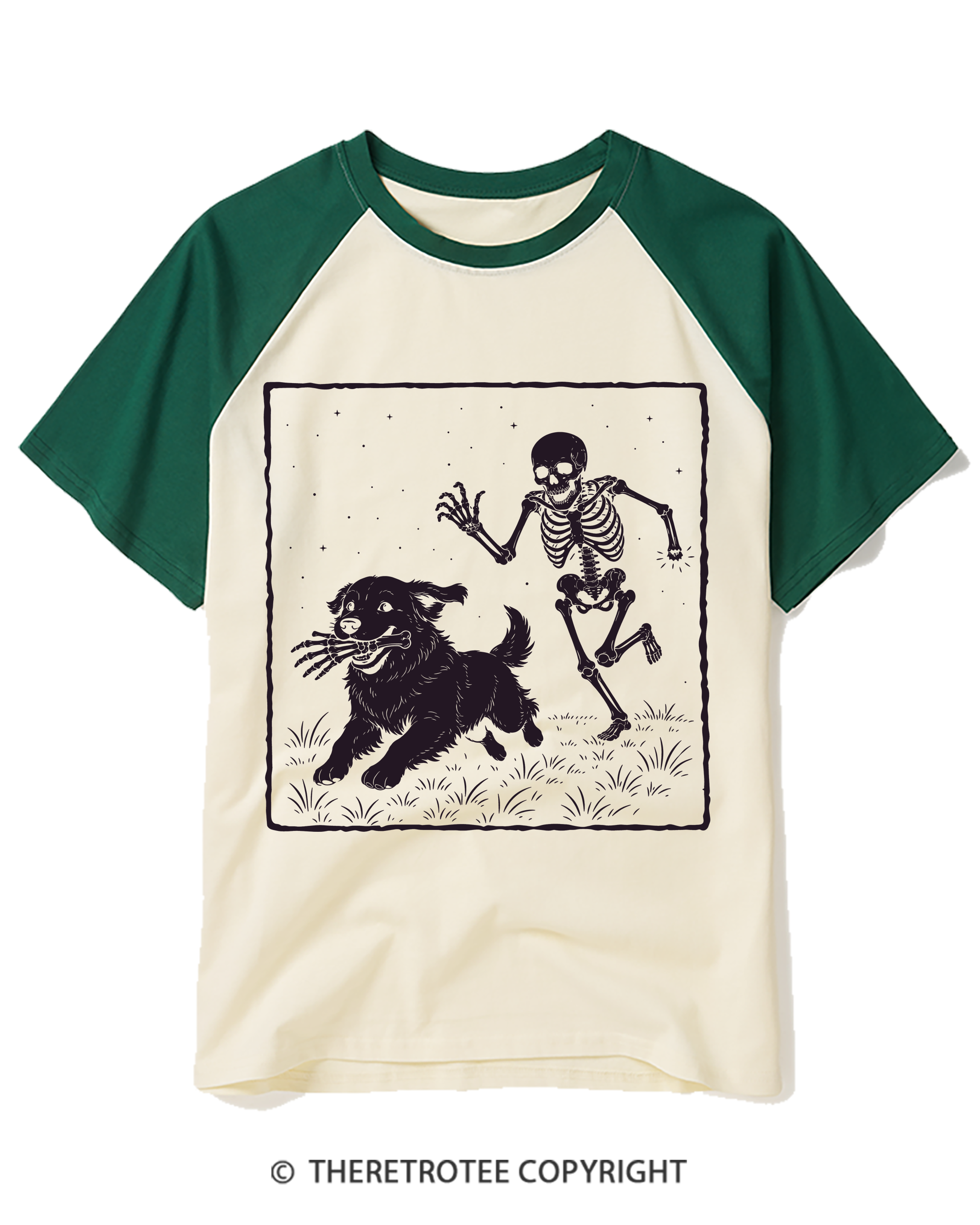 TheRetroTee Funny Skeleton Dog Raglan Baseball T-Shirt
