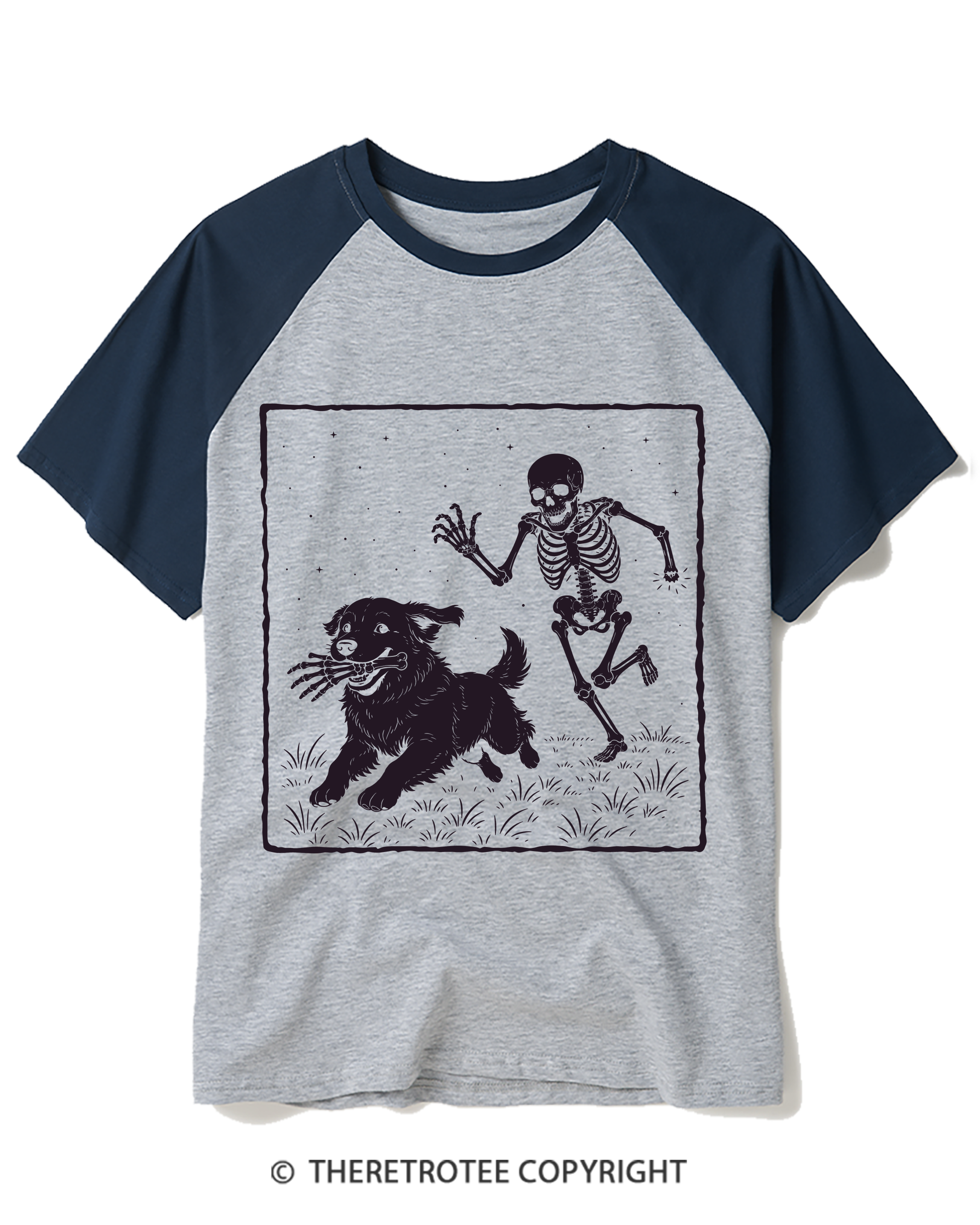 TheRetroTee Funny Skeleton Dog Raglan Baseball T-Shirt