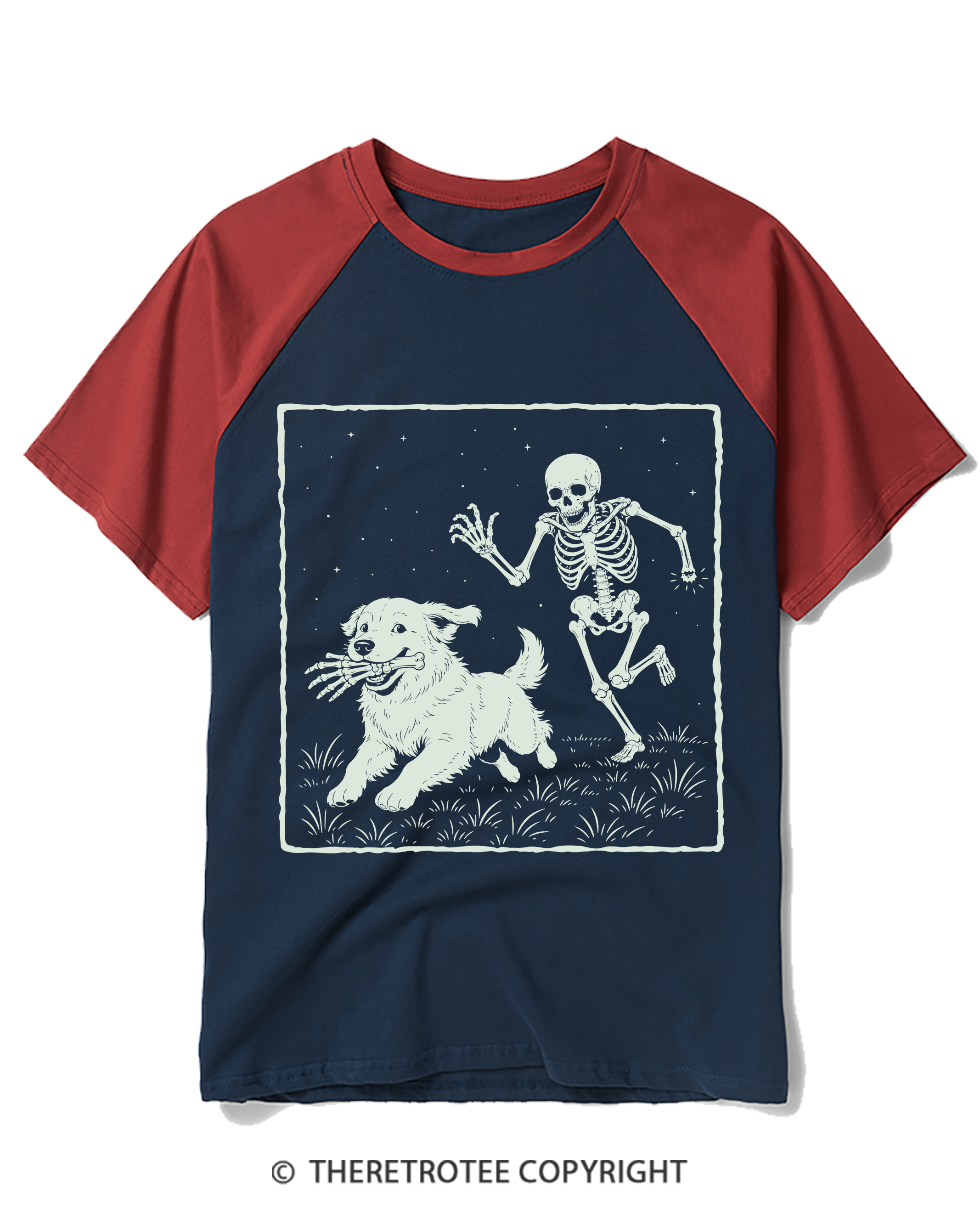 TheRetroTee Funny Skeleton Dog Raglan Baseball T-Shirt