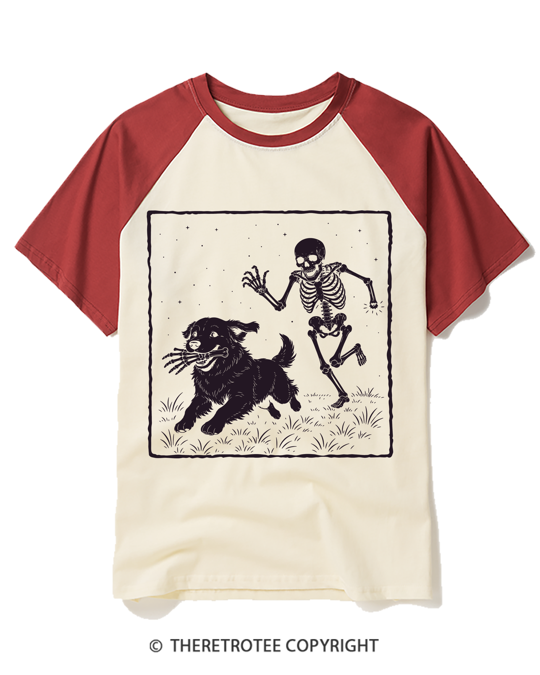 TheRetroTee Funny Skeleton Dog Raglan Baseball T-Shirt