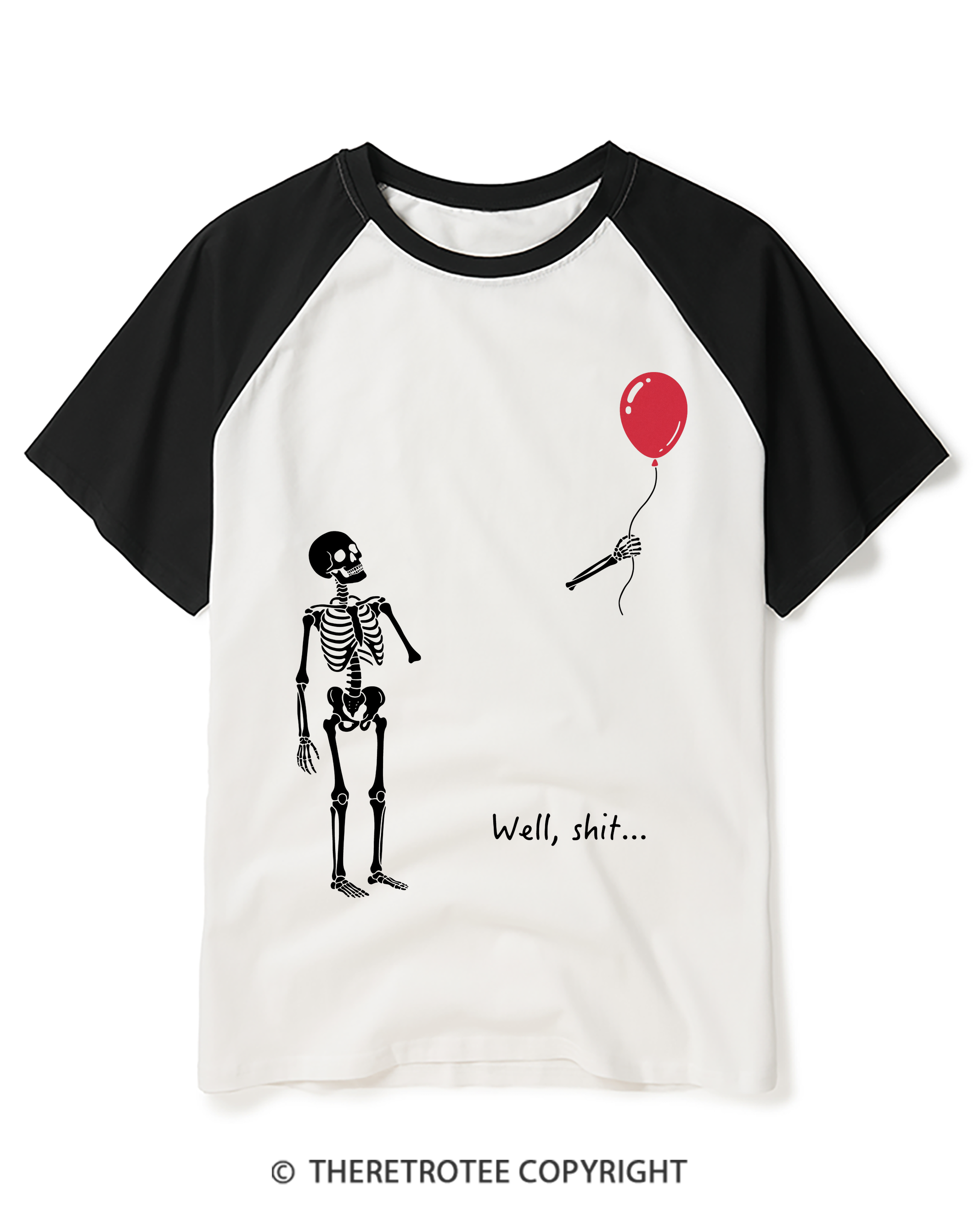 TheRetroTee Skeleton Lost Balloon Well Shit Raglan Baseball T-Shirt
