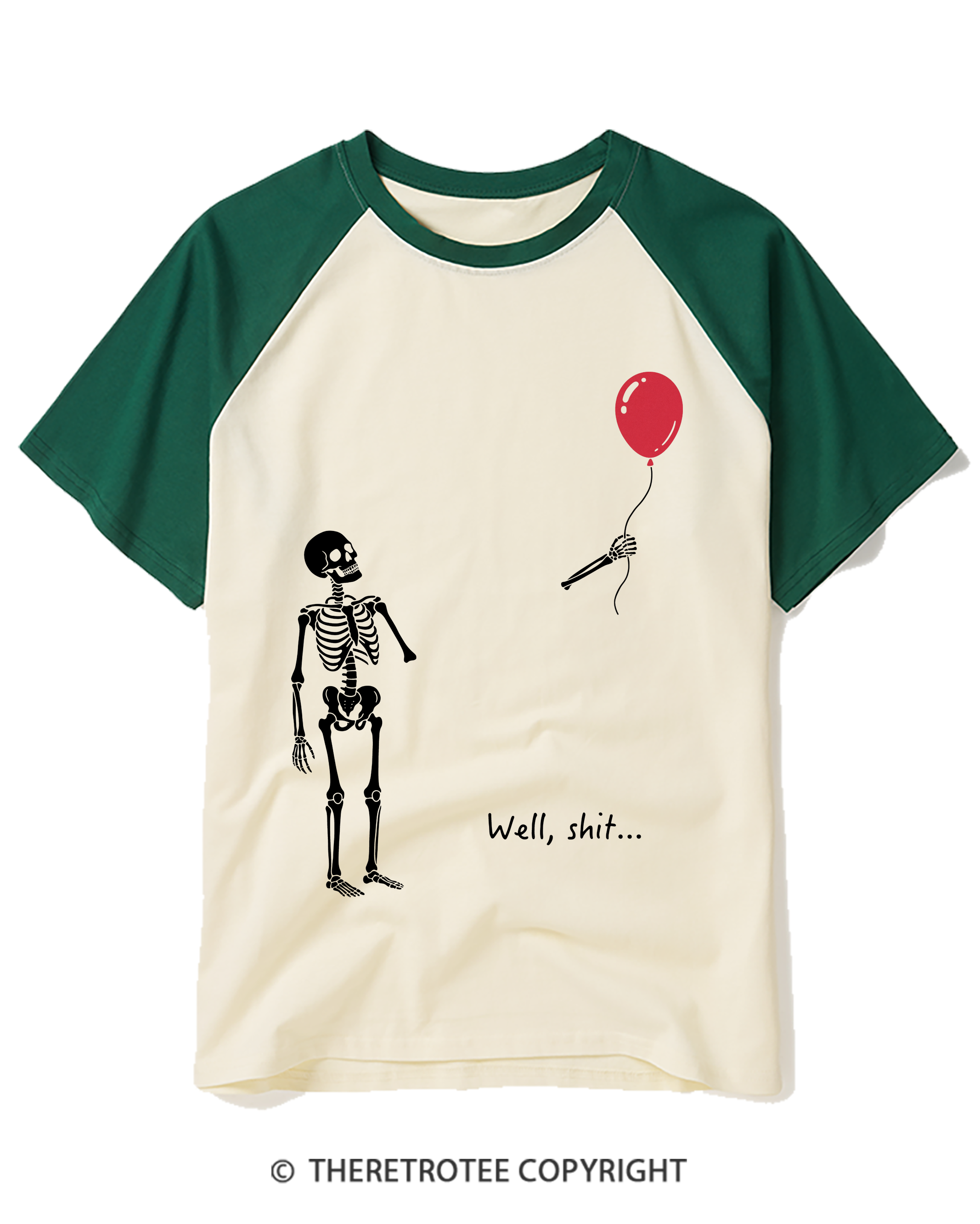 TheRetroTee Skeleton Lost Balloon Well Shit Raglan Baseball T-Shirt