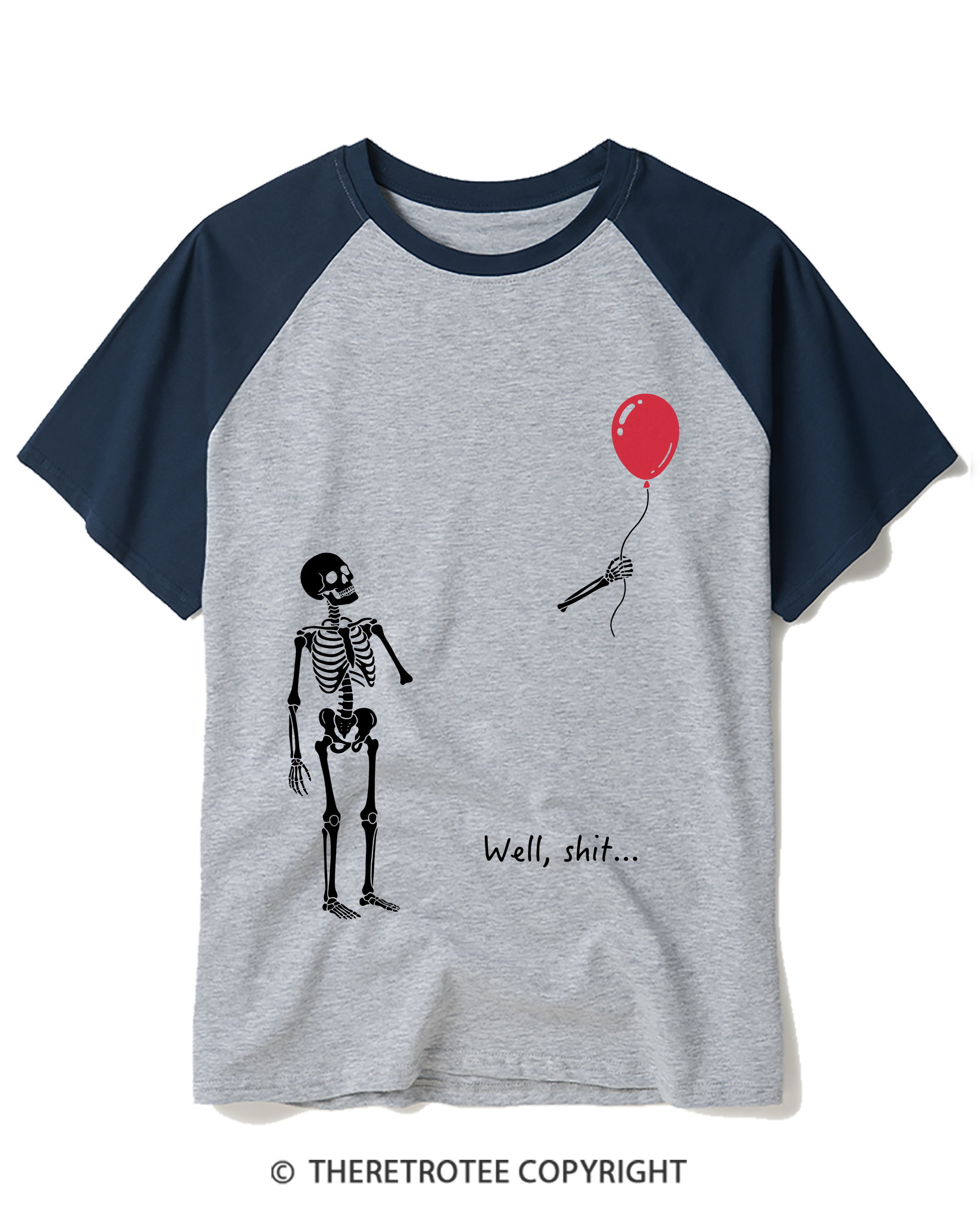 TheRetroTee Skeleton Lost Balloon Well Shit Raglan Baseball T-Shirt