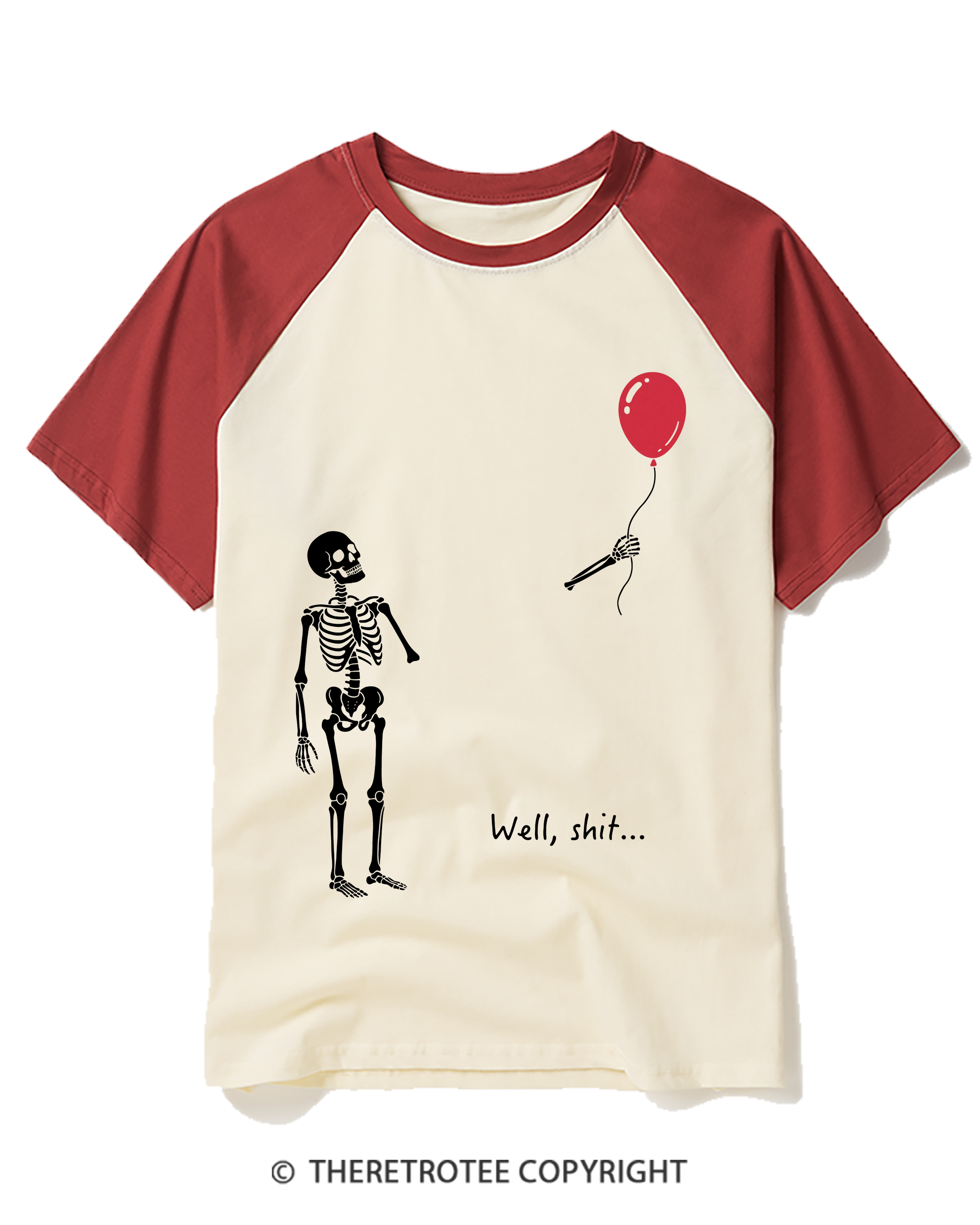 TheRetroTee Skeleton Lost Balloon Well Shit Raglan Baseball T-Shirt