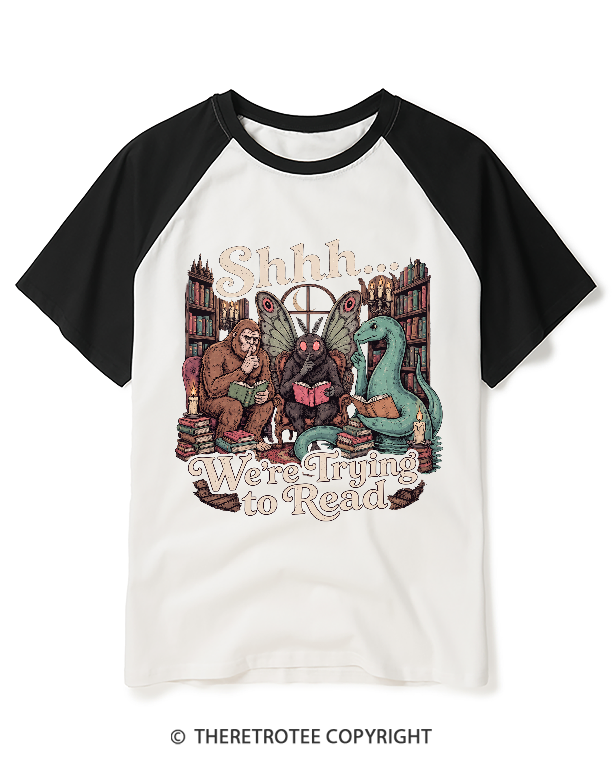 TheRetroTee Shhh We're Trying to Read Cryptid 1970s Raglan Baseball T-Shirt