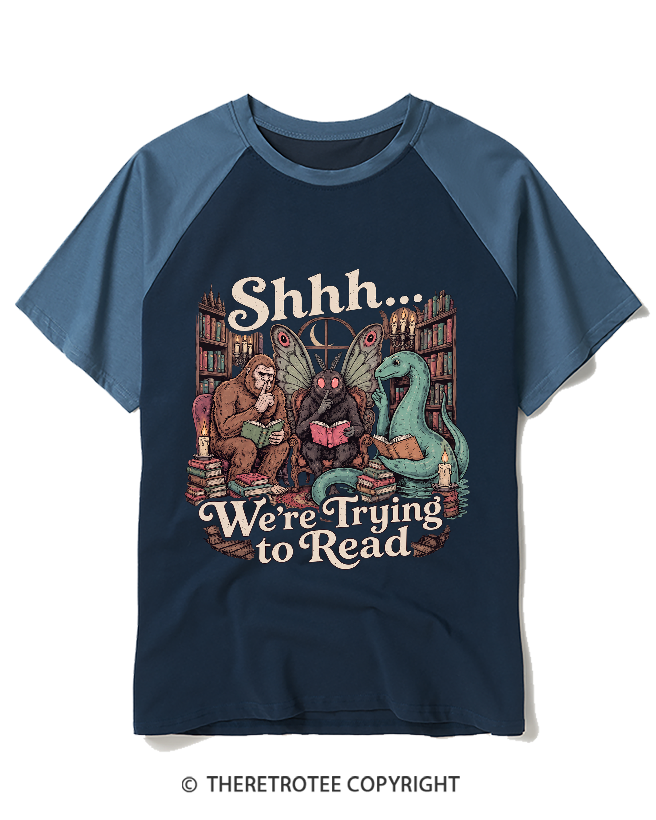 TheRetroTee Shhh We're Trying to Read Cryptid 1970s Raglan Baseball T-Shirt