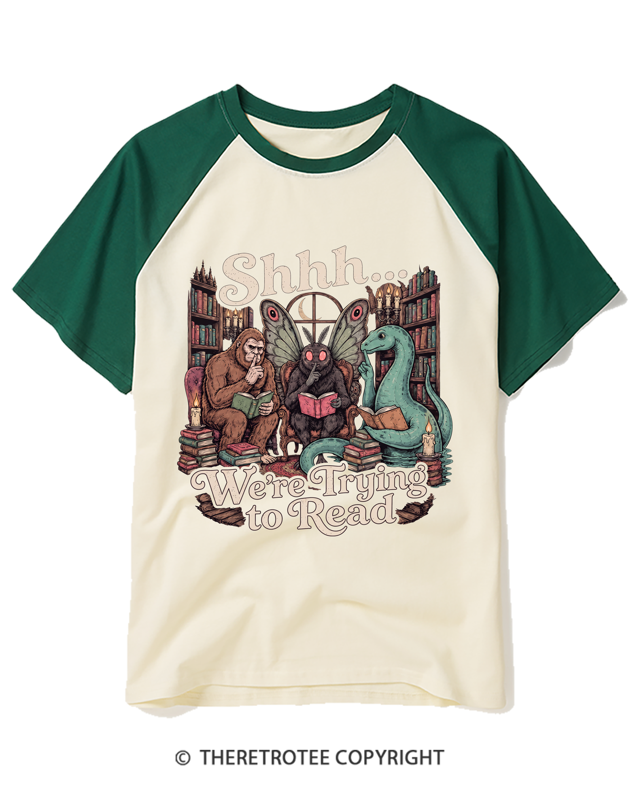 TheRetroTee Shhh We're Trying to Read Cryptid 1970s Raglan Baseball T-Shirt