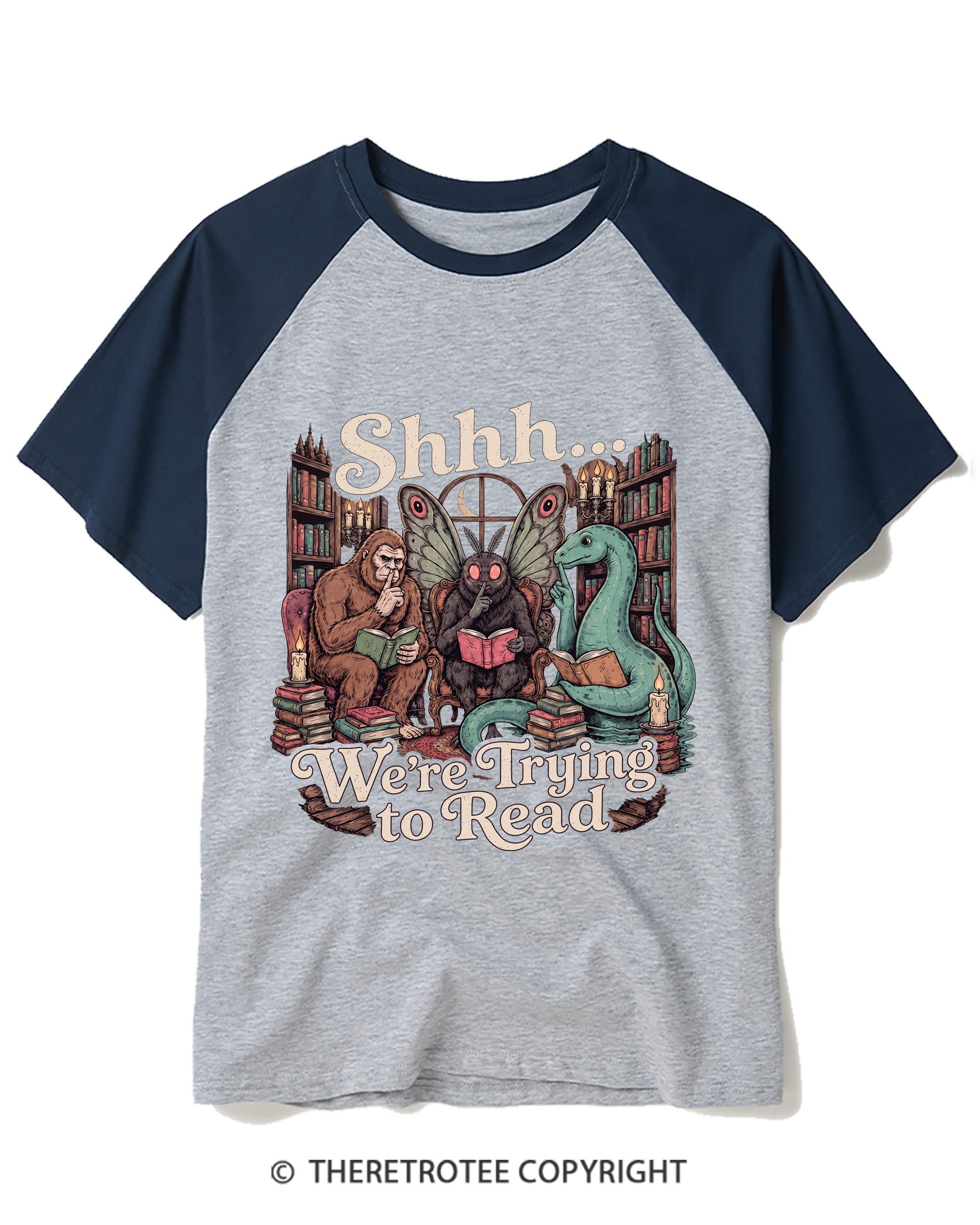 TheRetroTee Shhh We're Trying to Read Cryptid 1970s Raglan Baseball T-Shirt