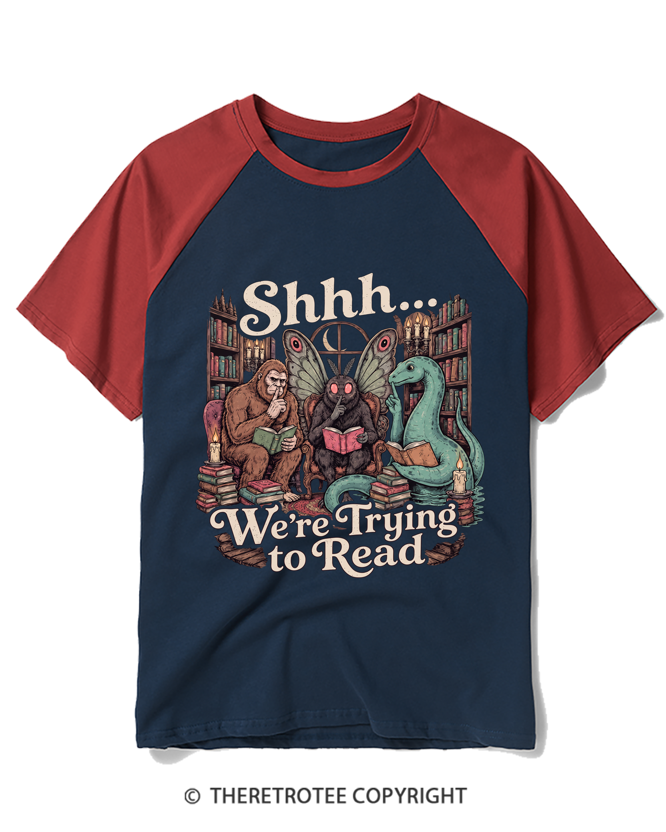 TheRetroTee Shhh We're Trying to Read Cryptid 1970s Raglan Baseball T-Shirt