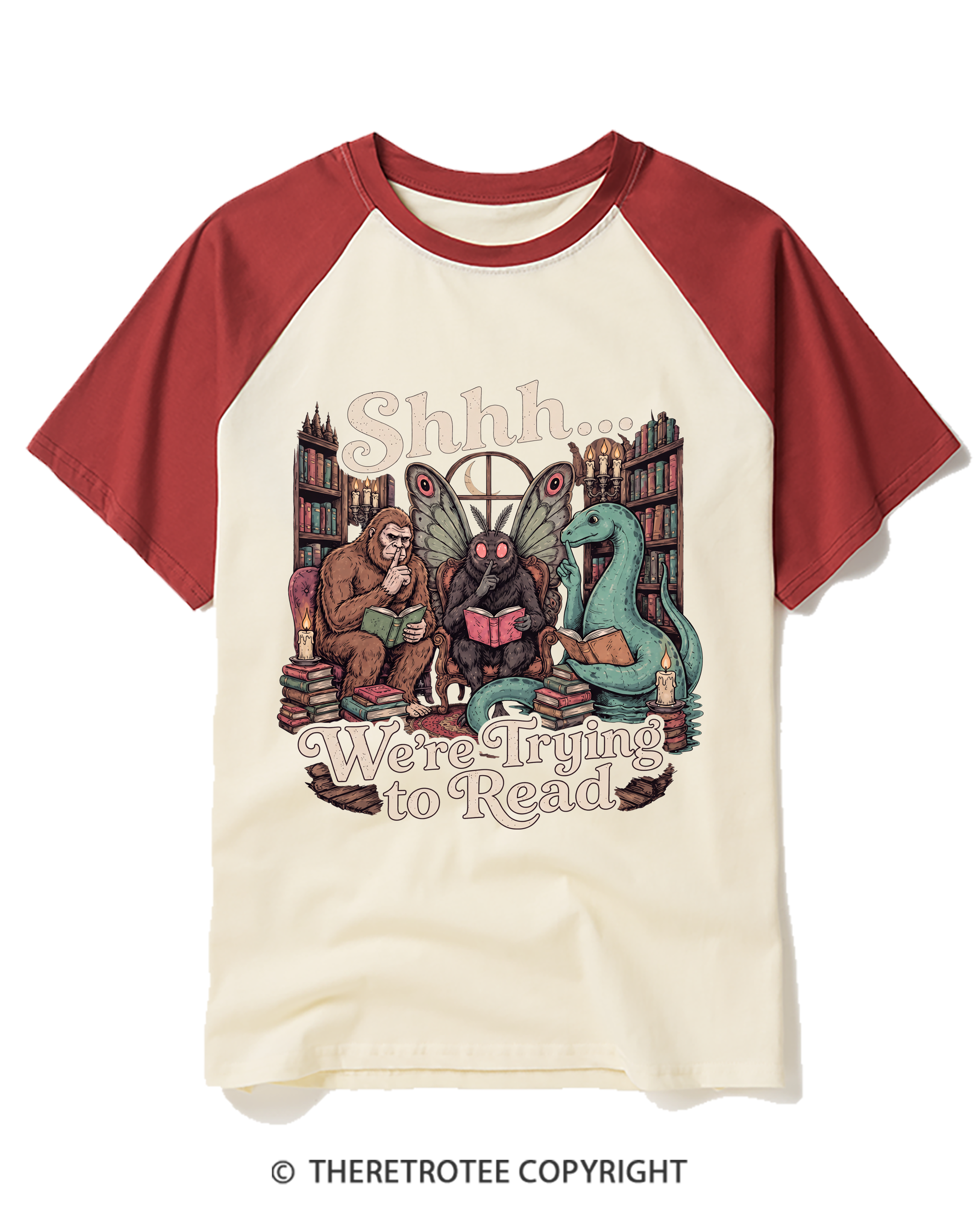 TheRetroTee Shhh We're Trying to Read Cryptid 1970s Raglan Baseball T-Shirt
