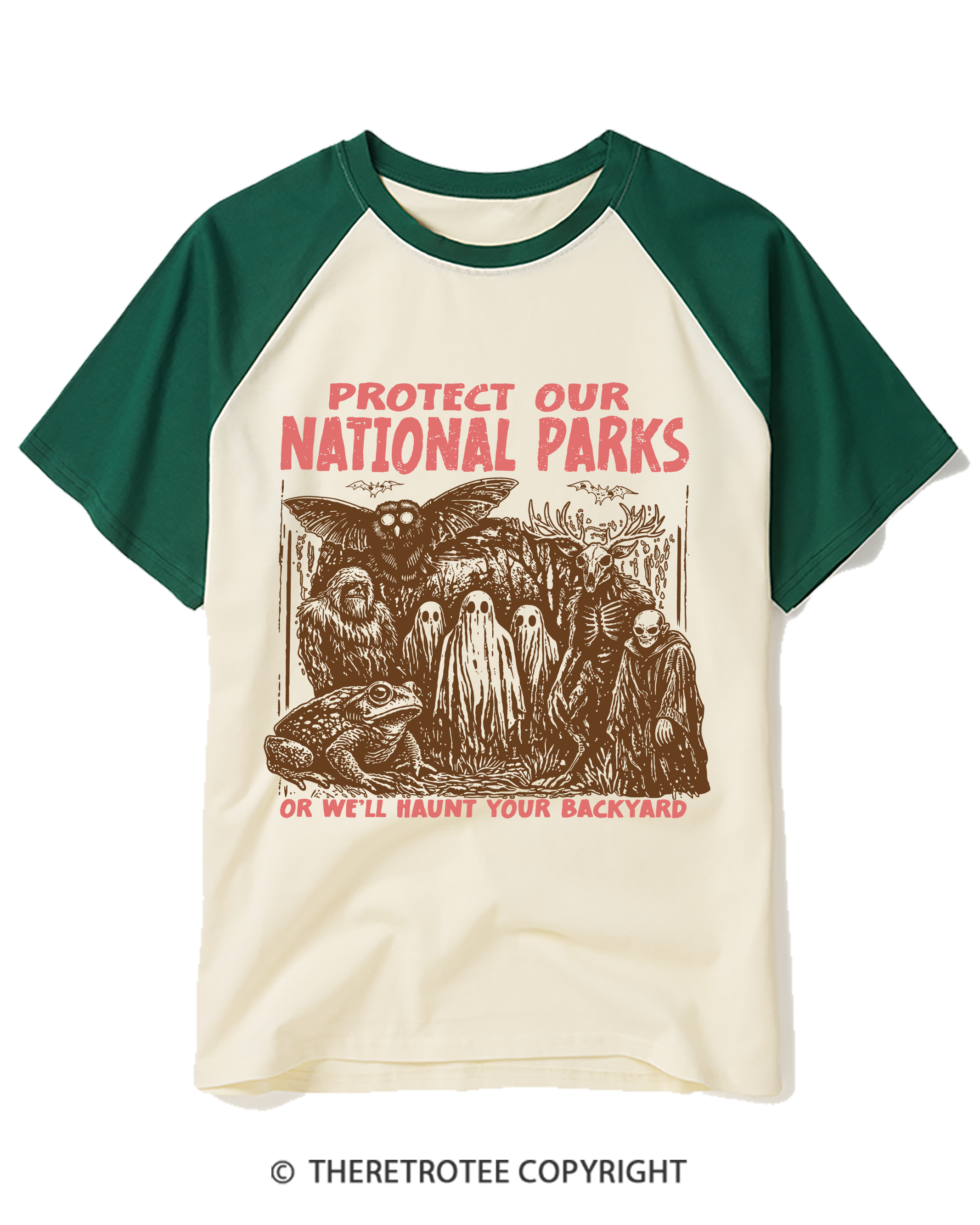 TheRetroTee Cryptid Creatures Protect Our Parks Camping Hiking Raglan Baseball T-Shirt