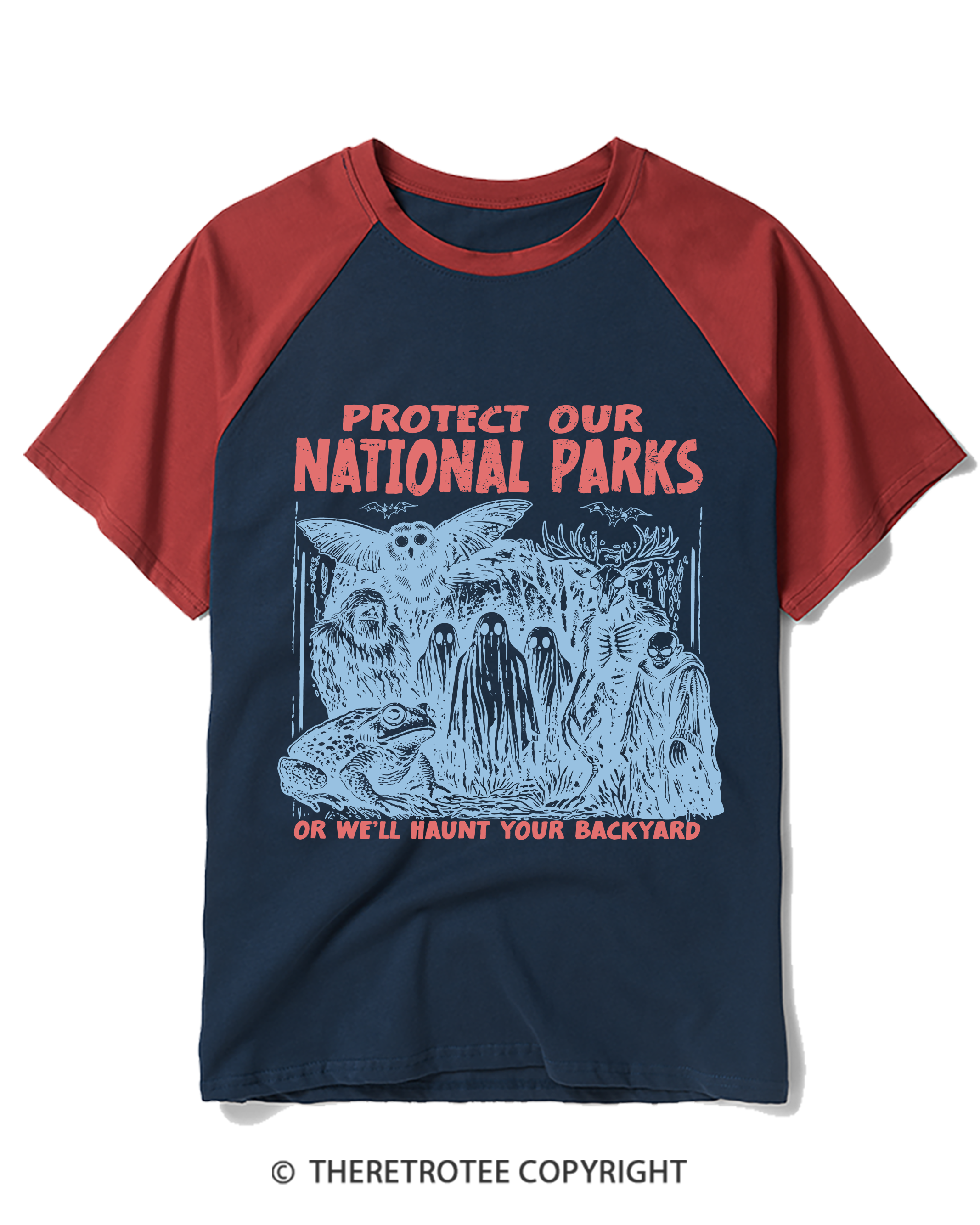TheRetroTee Cryptid Creatures Protect Our Parks Camping Hiking Raglan Baseball T-Shirt