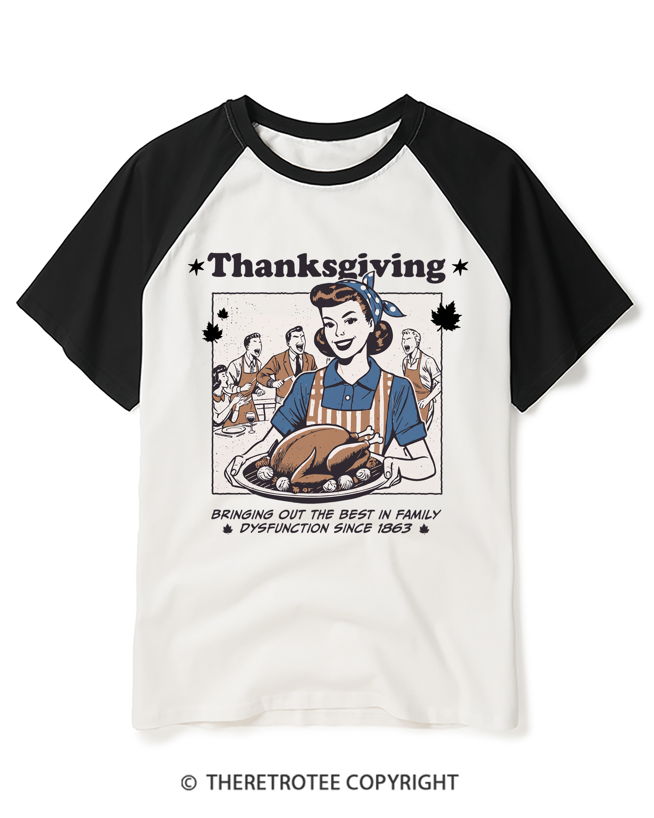 TheRetroTee Retro Thanksgiving Dysfunctional Family Turkey 1950s Raglan Baseball T-Shirt