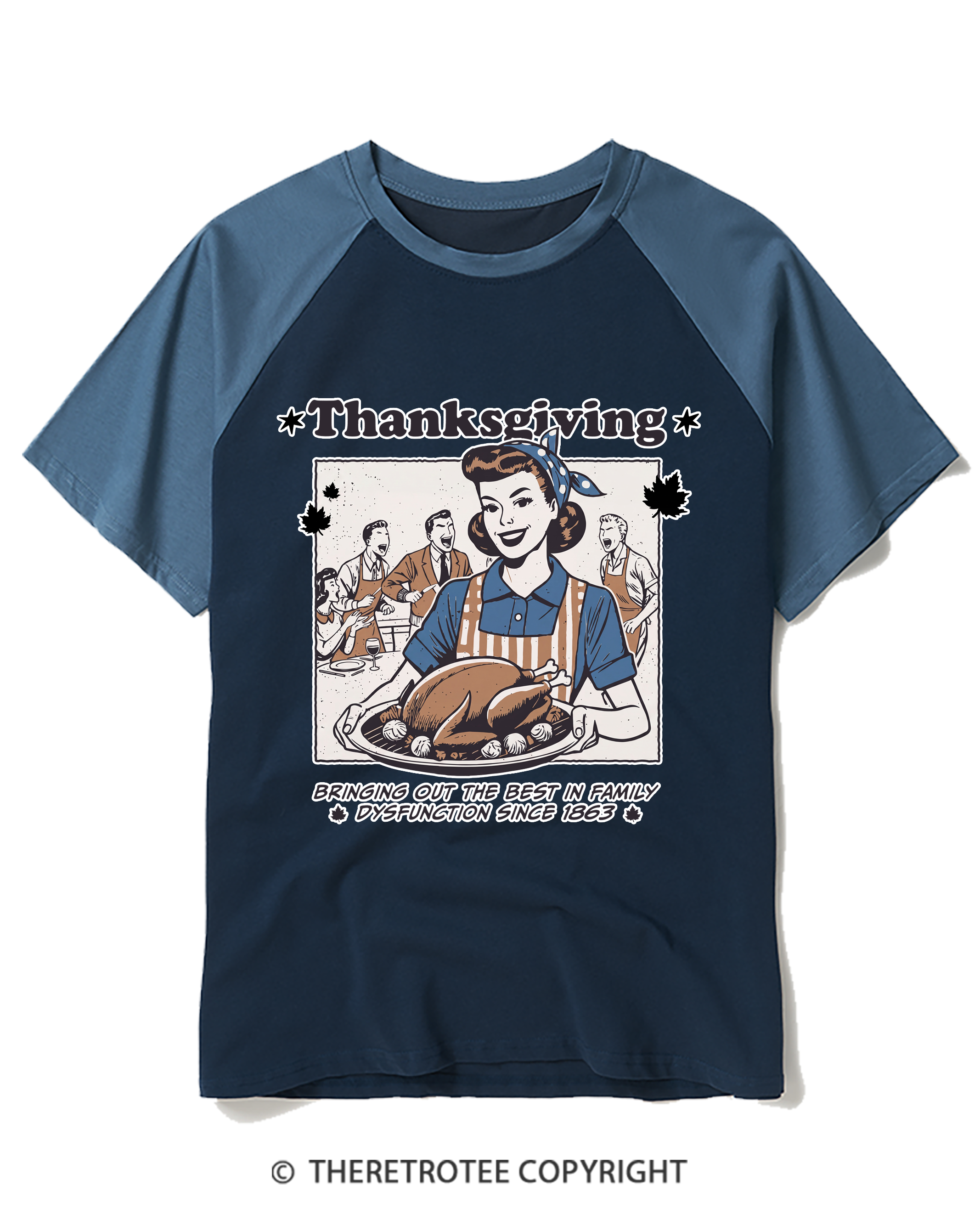 TheRetroTee Retro Thanksgiving Dysfunctional Family Turkey 1950s Raglan Baseball T-Shirt