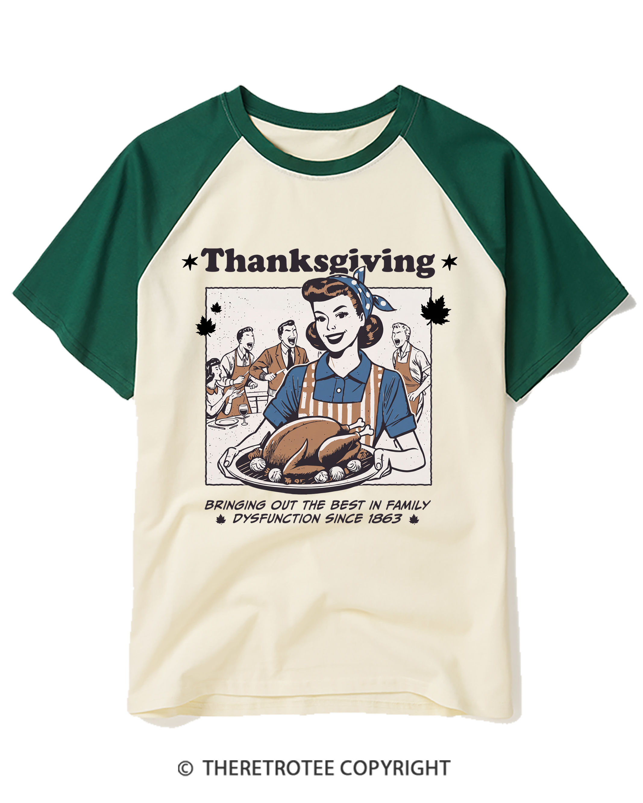 TheRetroTee Retro Thanksgiving Dysfunctional Family Turkey 1950s Raglan Baseball T-Shirt