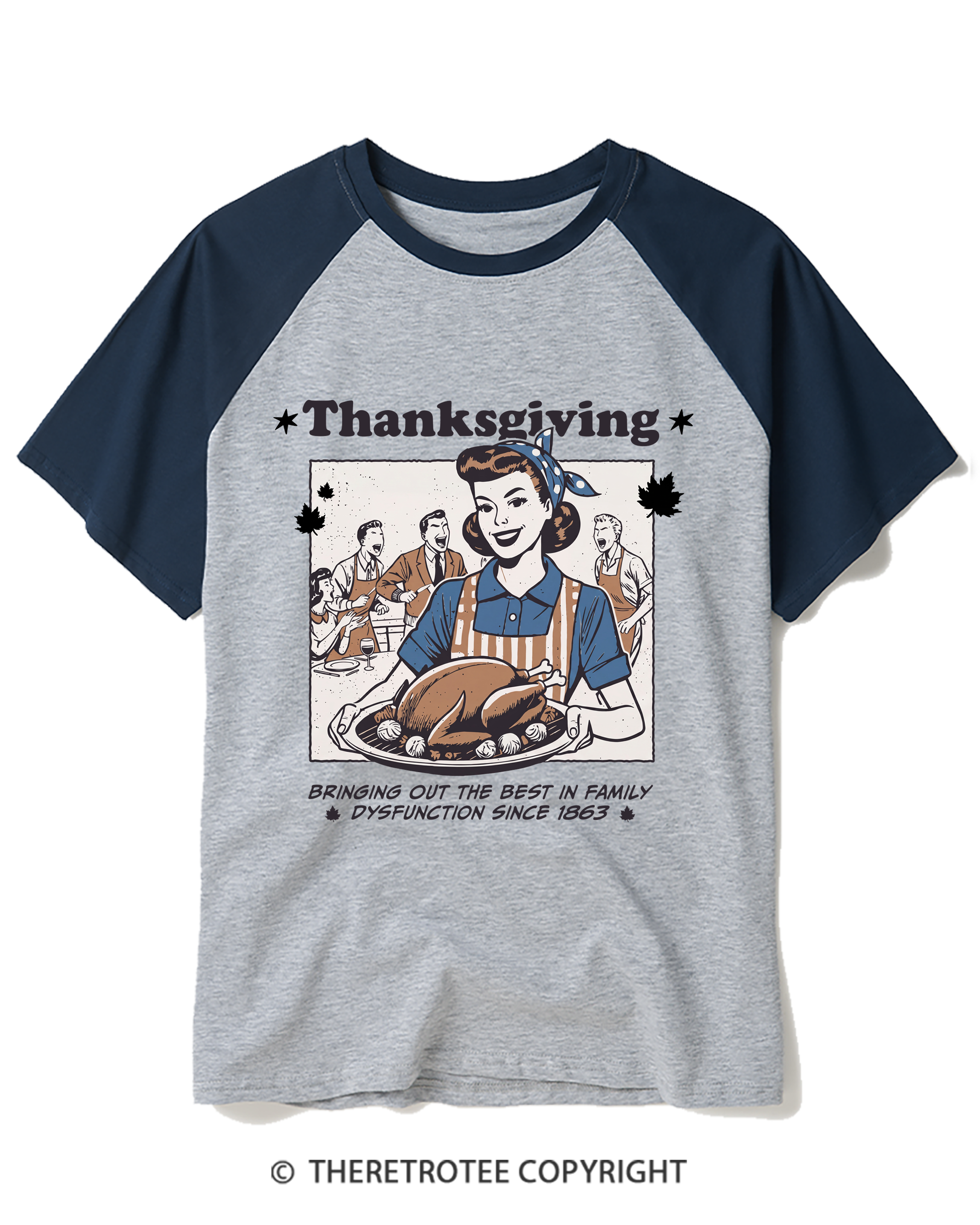 TheRetroTee Retro Thanksgiving Dysfunctional Family Turkey 1950s Raglan Baseball T-Shirt