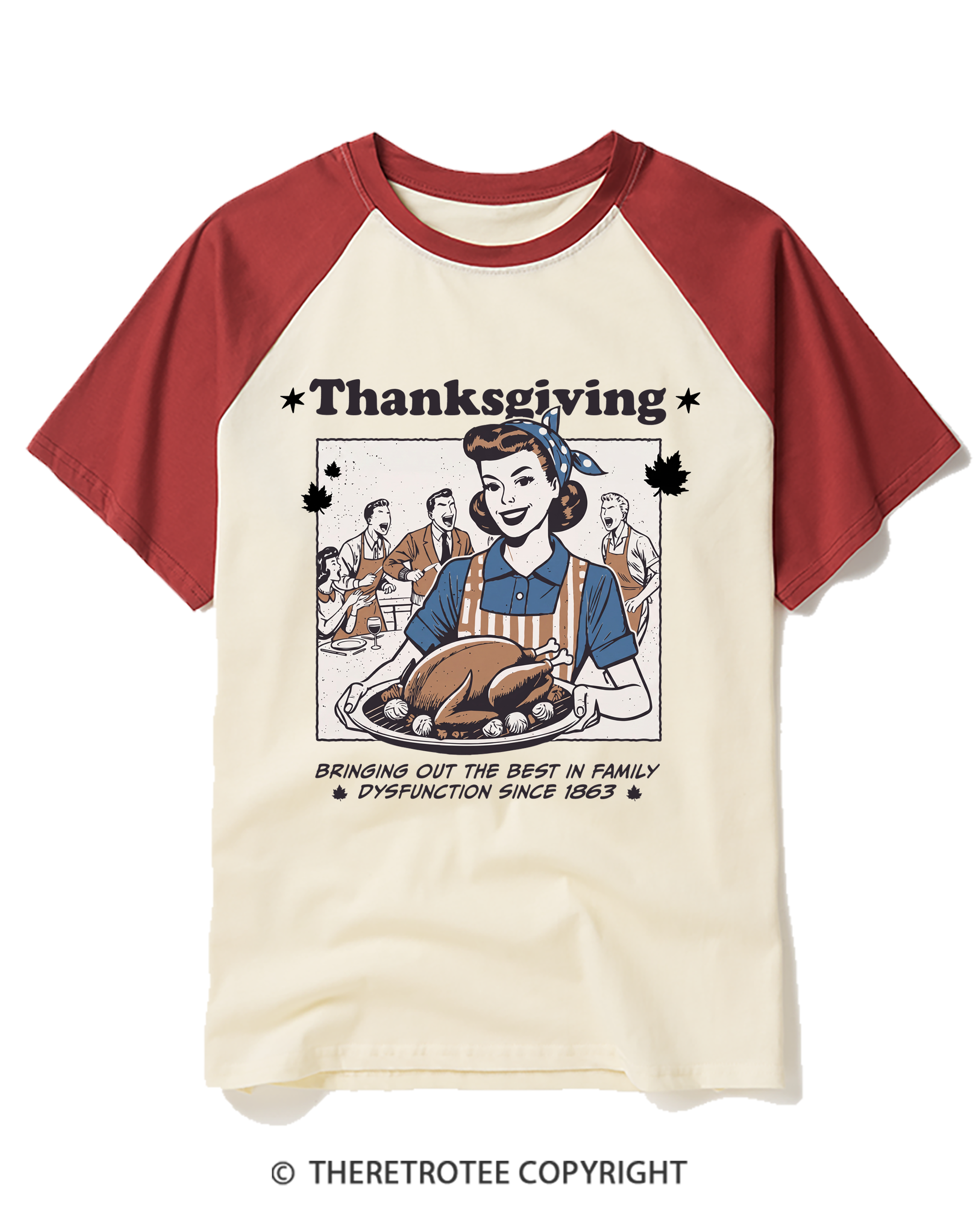 TheRetroTee Retro Thanksgiving Dysfunctional Family Turkey 1950s Raglan Baseball T-Shirt