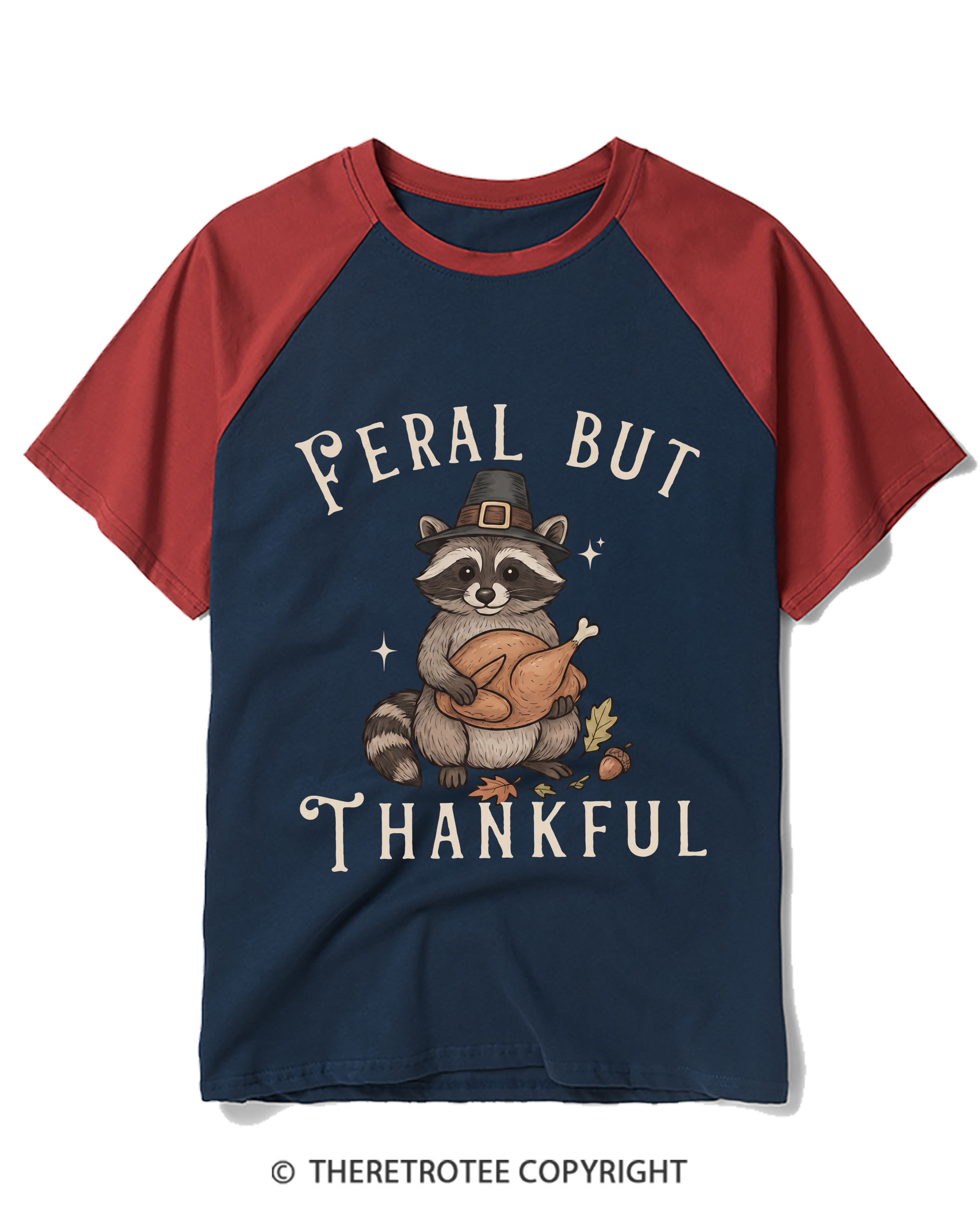 TheRetroTee Feral Raccoon Funny Thanksgiving Raglan Baseball T-Shirt