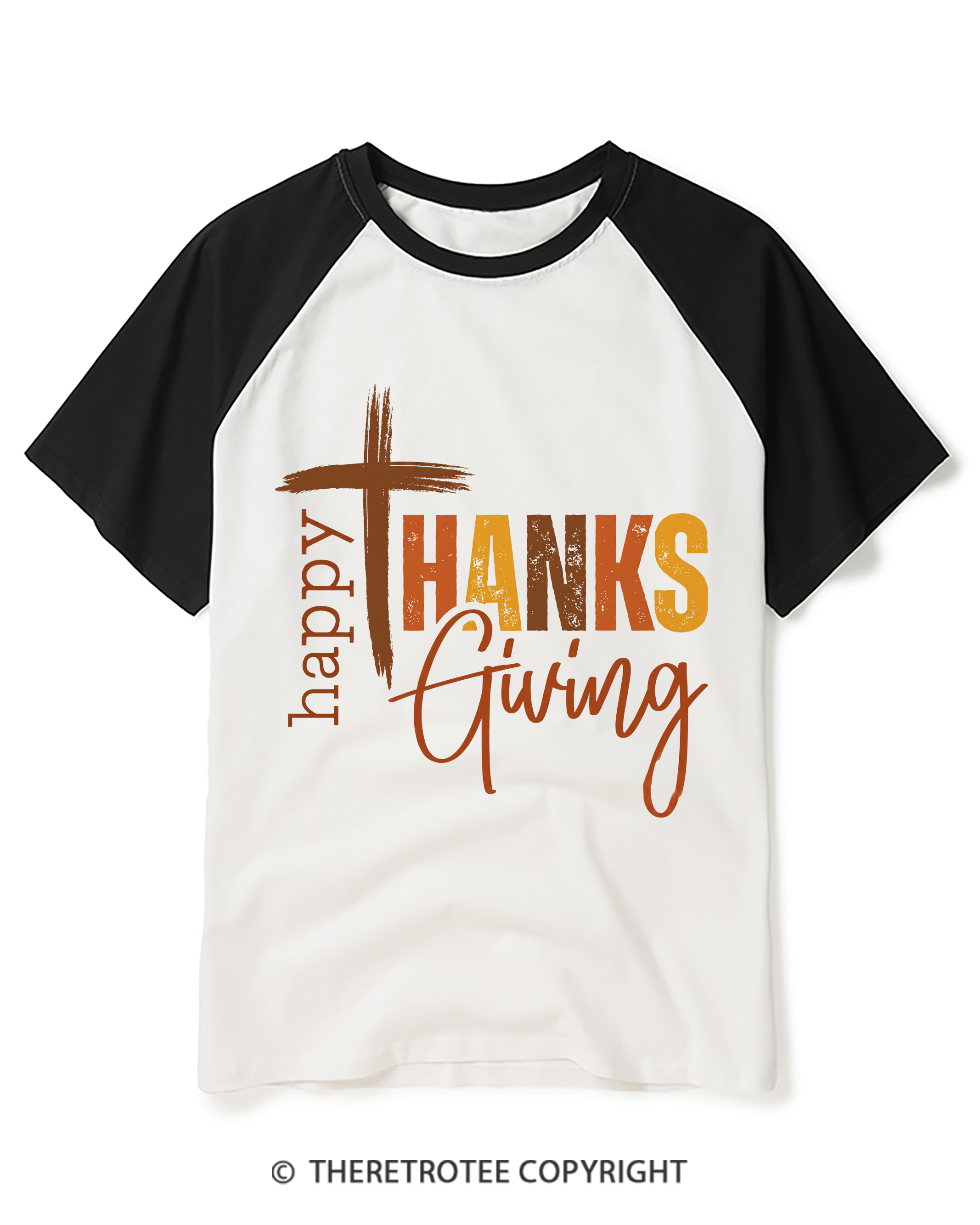 TheRetroTee Happy Thanksgiving Cross Raglan Baseball T-Shirt