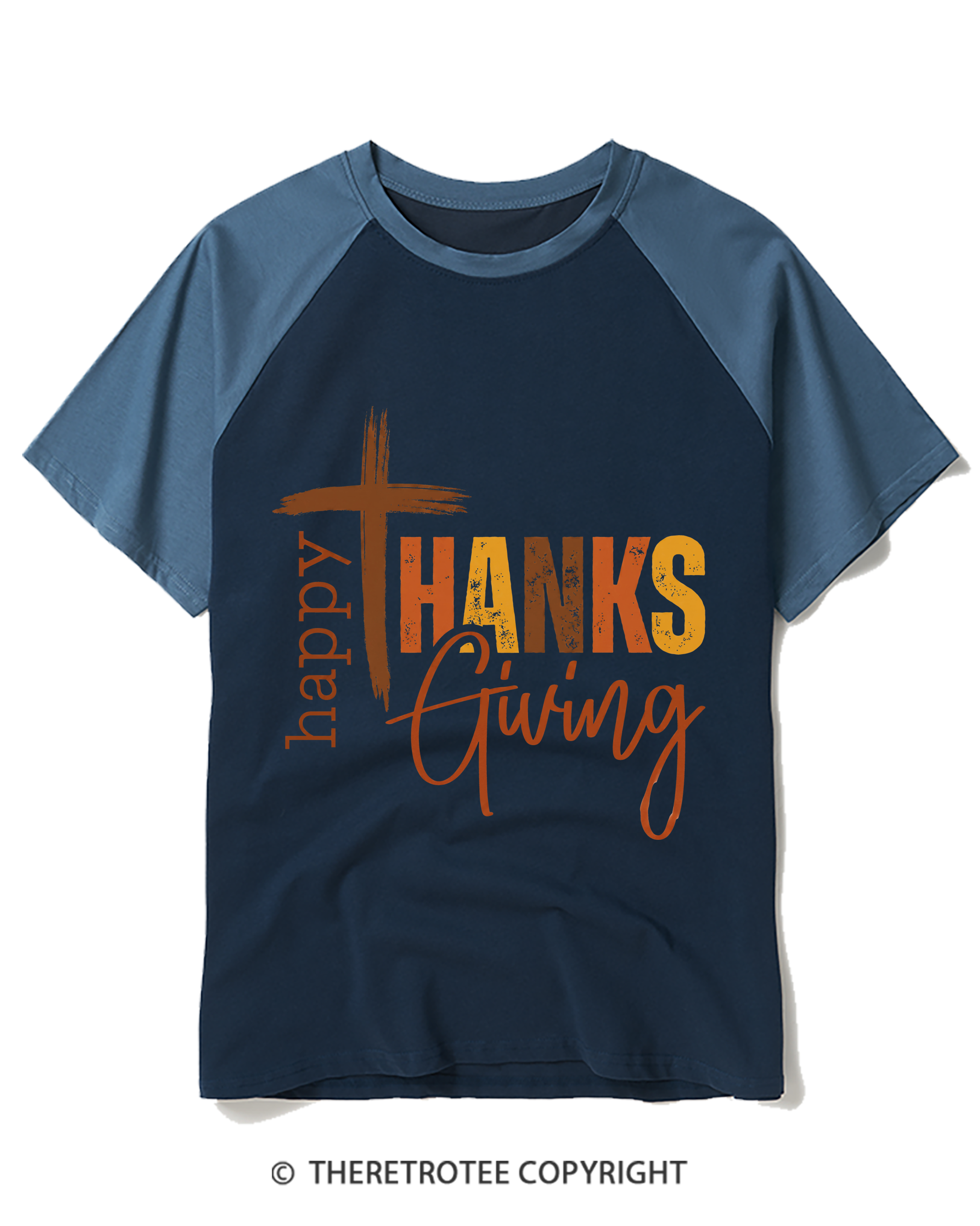 TheRetroTee Happy Thanksgiving Cross Raglan Baseball T-Shirt