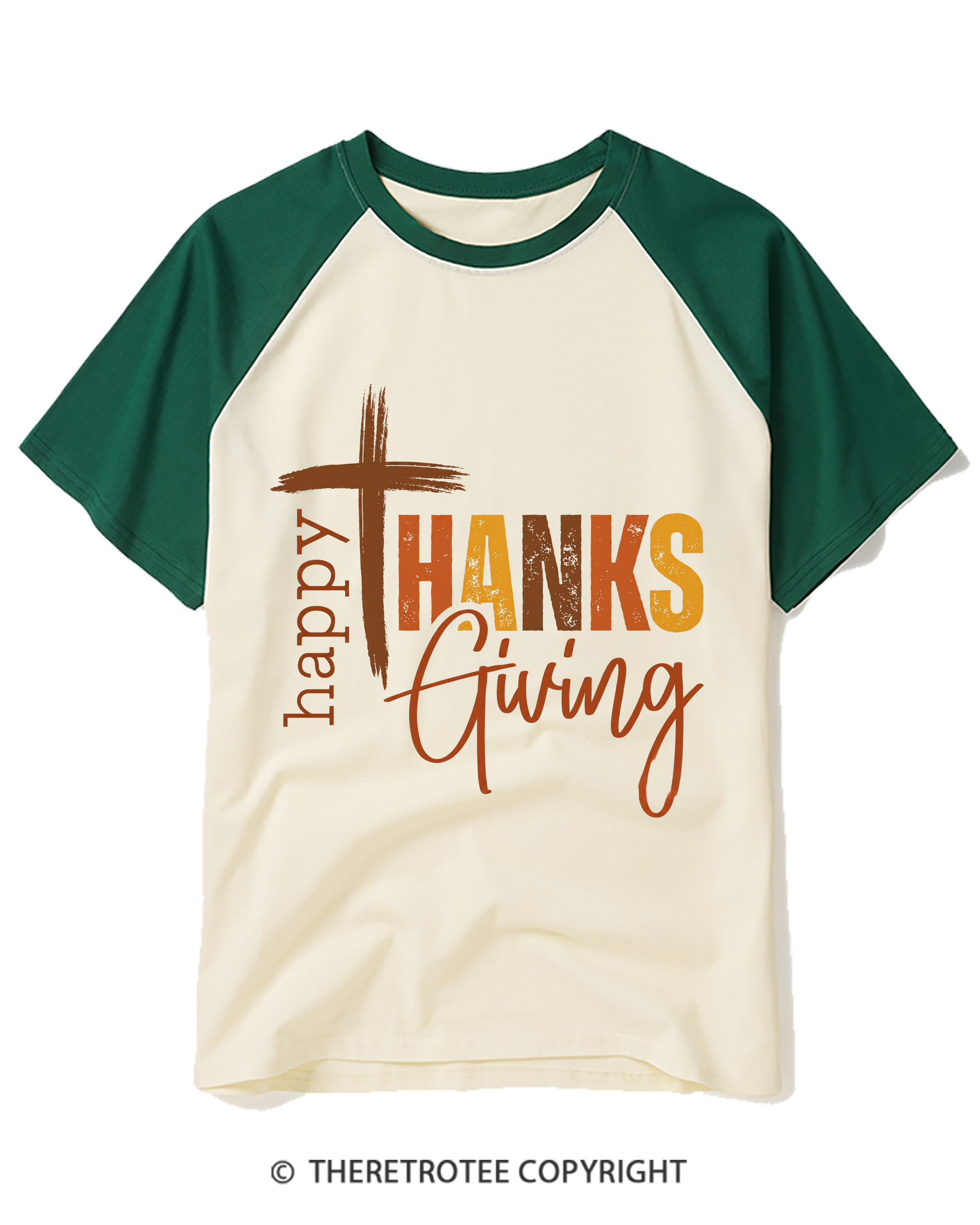 TheRetroTee Happy Thanksgiving Cross Raglan Baseball T-Shirt