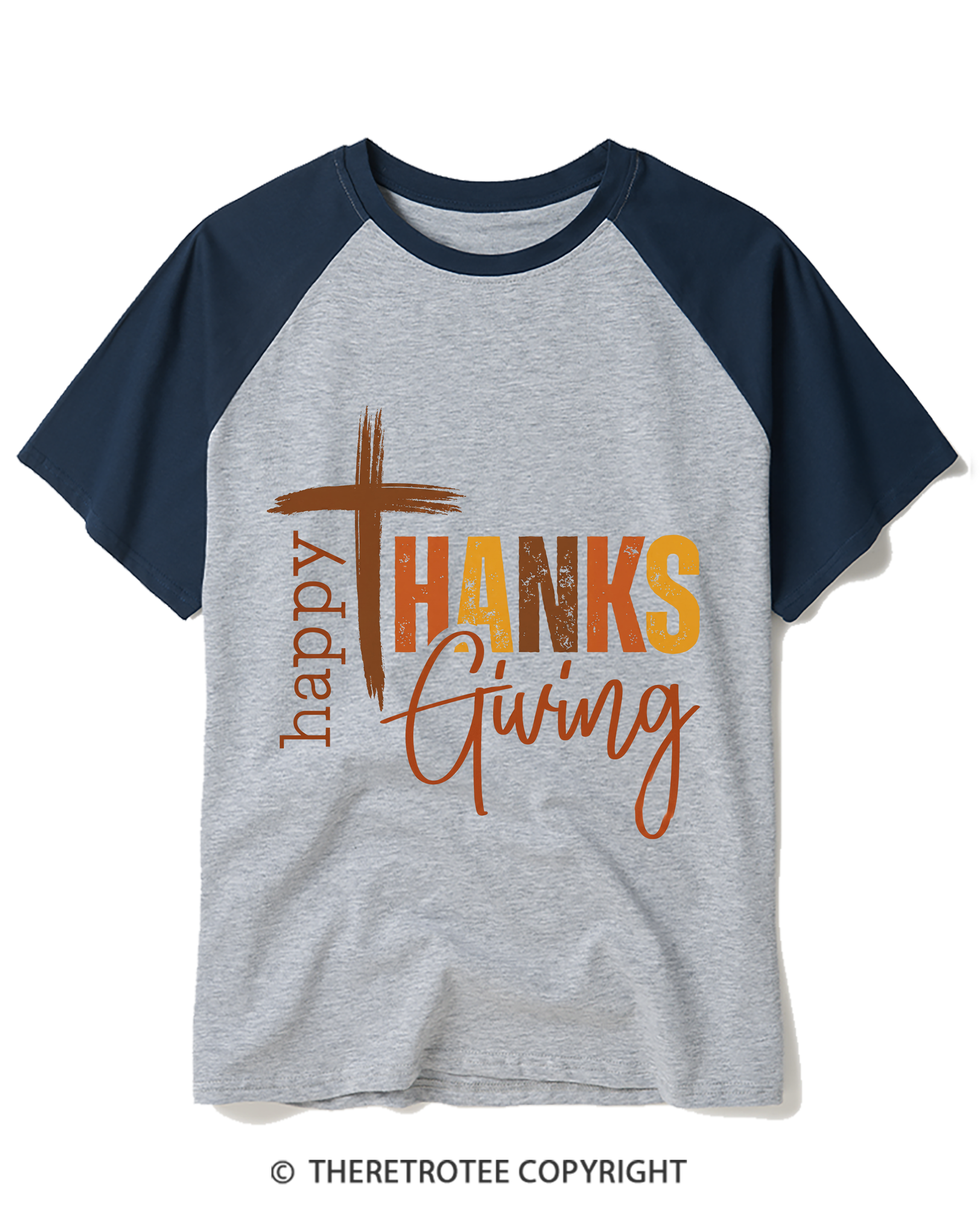 TheRetroTee Happy Thanksgiving Cross Raglan Baseball T-Shirt