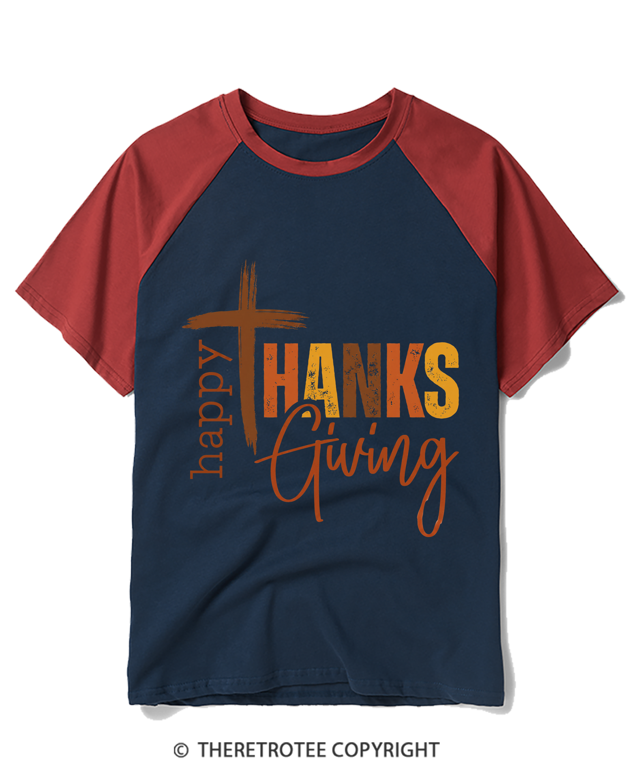TheRetroTee Happy Thanksgiving Cross Raglan Baseball T-Shirt