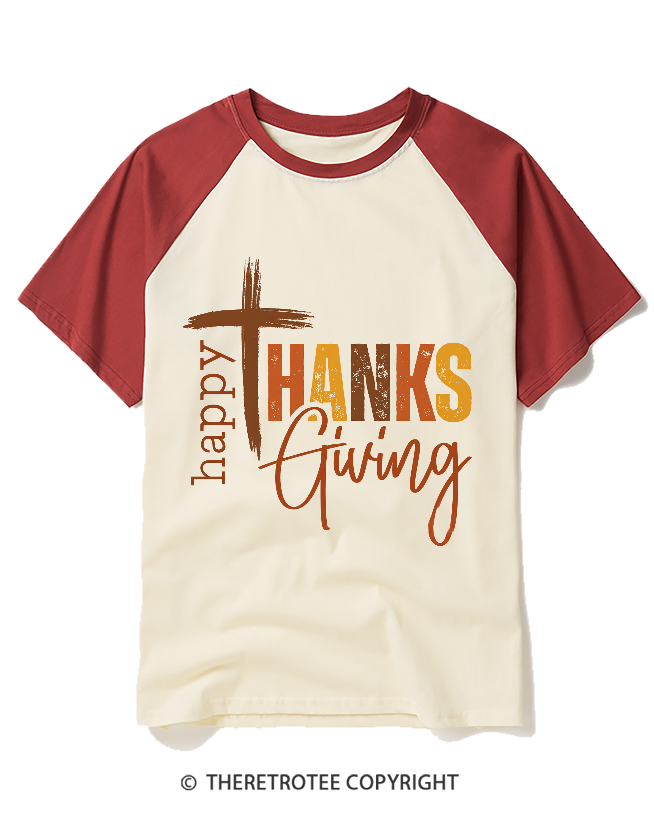 TheRetroTee Happy Thanksgiving Cross Raglan Baseball T-Shirt