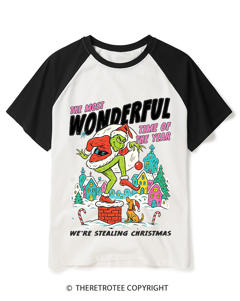 TheRetroTee The Most Wonderful Time Of The Year We’re Stealing Christmas 1950s Raglan Baseball T-Shirt