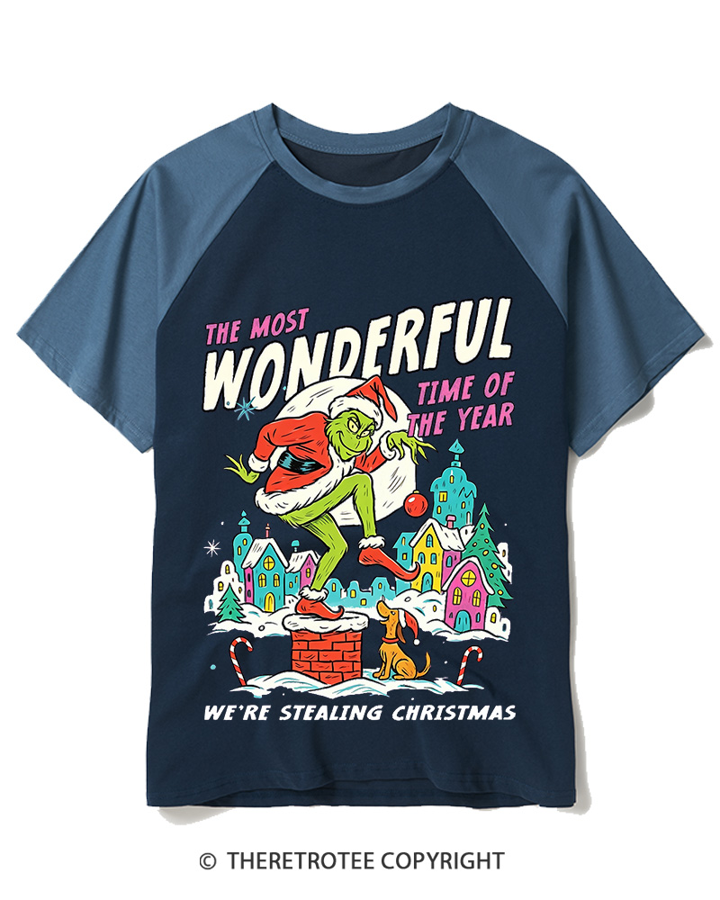 TheRetroTee The Most Wonderful Time Of The Year We’re Stealing Christmas 1950s Raglan Baseball T-Shirt
