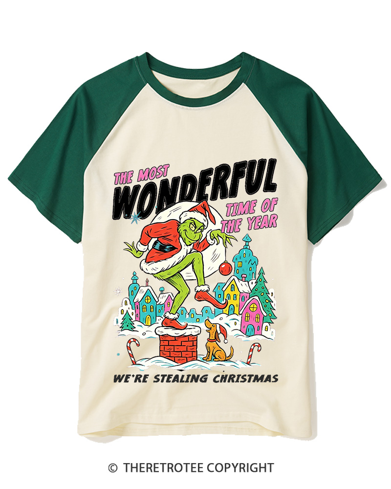 TheRetroTee The Most Wonderful Time Of The Year We’re Stealing Christmas 1950s Raglan Baseball T-Shirt