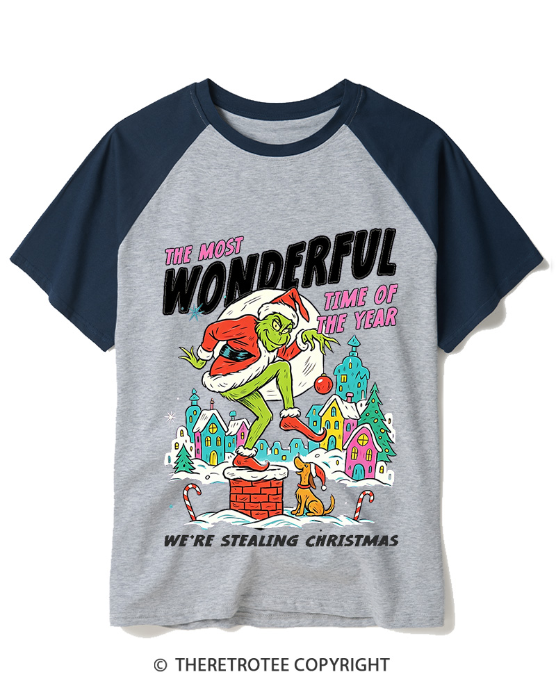 TheRetroTee The Most Wonderful Time Of The Year We’re Stealing Christmas 1950s Raglan Baseball T-Shirt