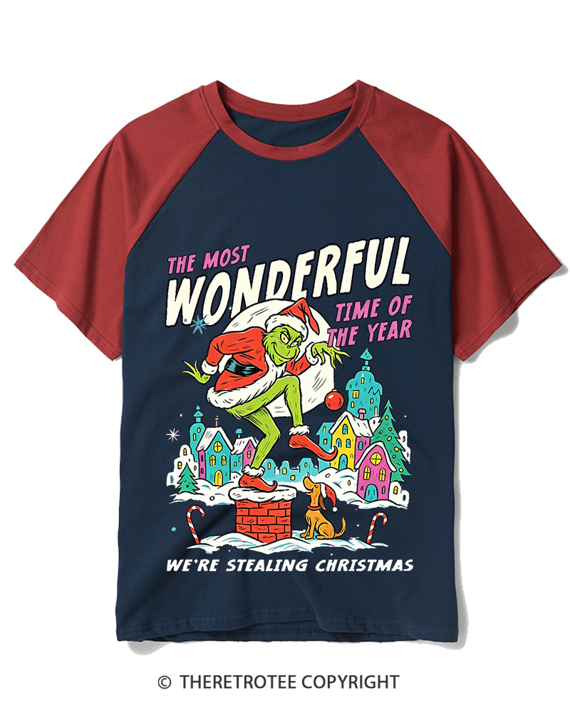 TheRetroTee The Most Wonderful Time Of The Year We’re Stealing Christmas 1950s Raglan Baseball T-Shirt