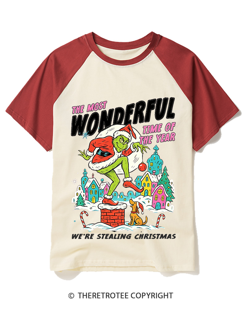 TheRetroTee The Most Wonderful Time Of The Year We’re Stealing Christmas 1950s Raglan Baseball T-Shirt