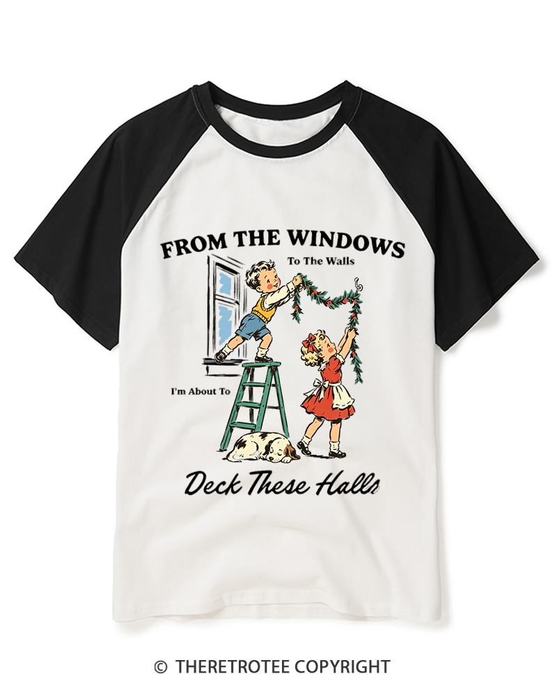 TheRetroTee From The Windows To The Walls Deck These Halls 1950s Raglan Baseball T-Shirt