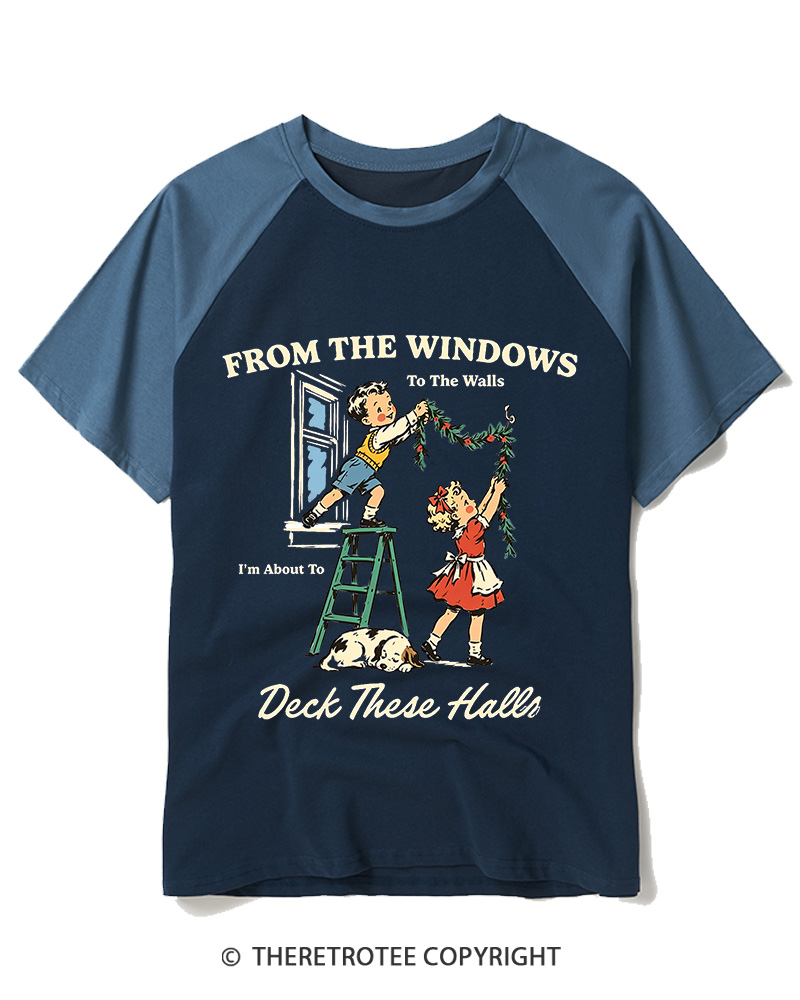 TheRetroTee From The Windows To The Walls Deck These Halls 1950s Raglan Baseball T-Shirt