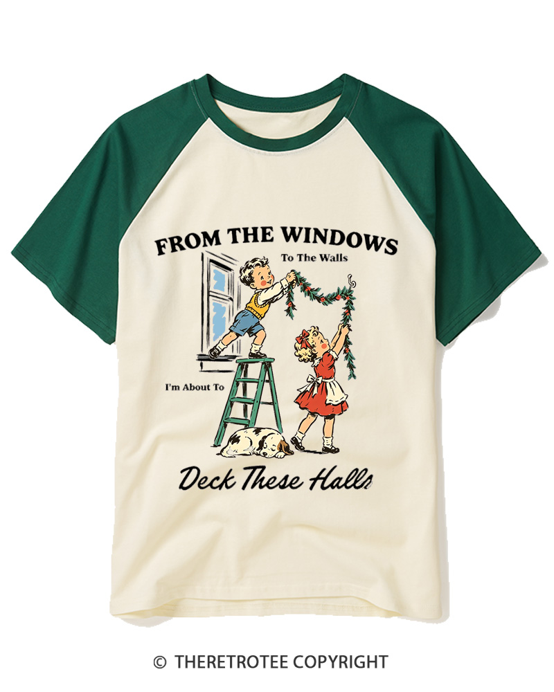 TheRetroTee From The Windows To The Walls Deck These Halls 1950s Raglan Baseball T-Shirt