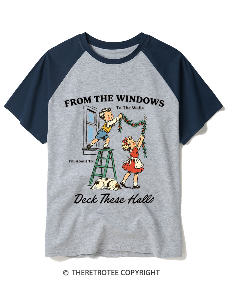 TheRetroTee From The Windows To The Walls Deck These Halls 1950s Raglan Baseball T-Shirt
