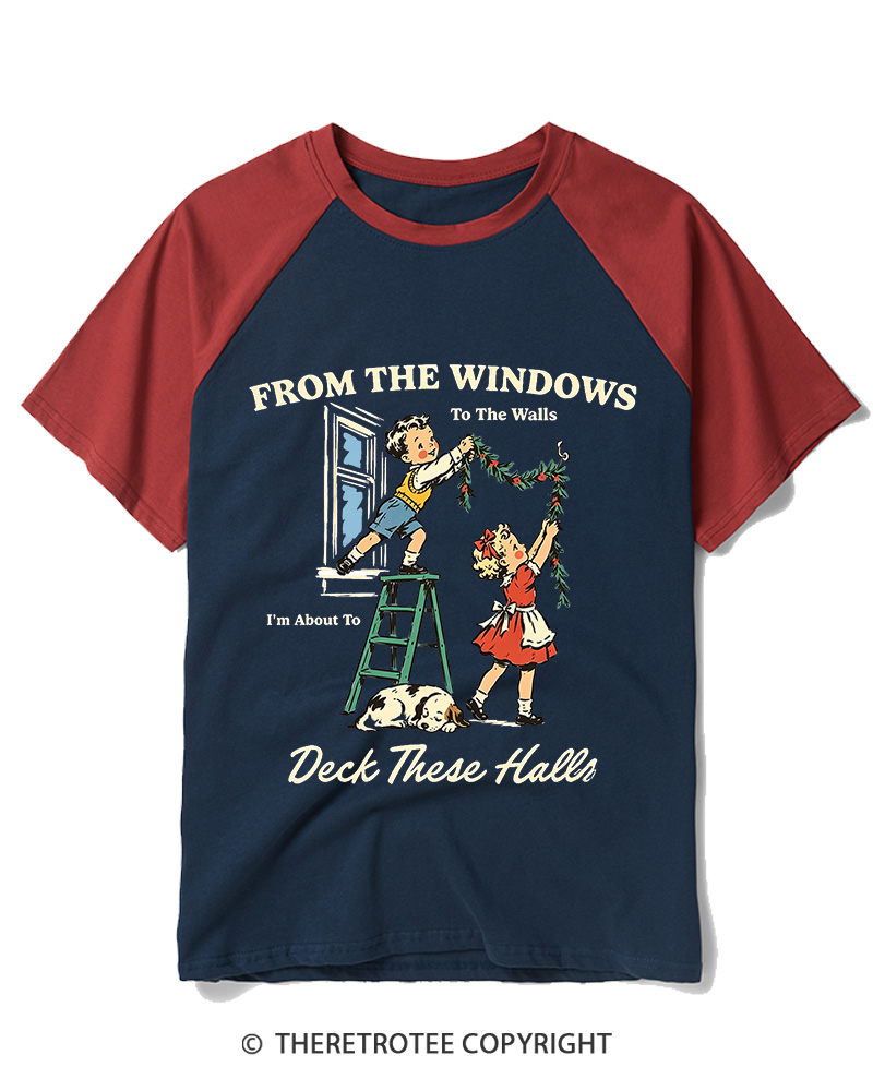 TheRetroTee From The Windows To The Walls Deck These Halls 1950s Raglan Baseball T-Shirt