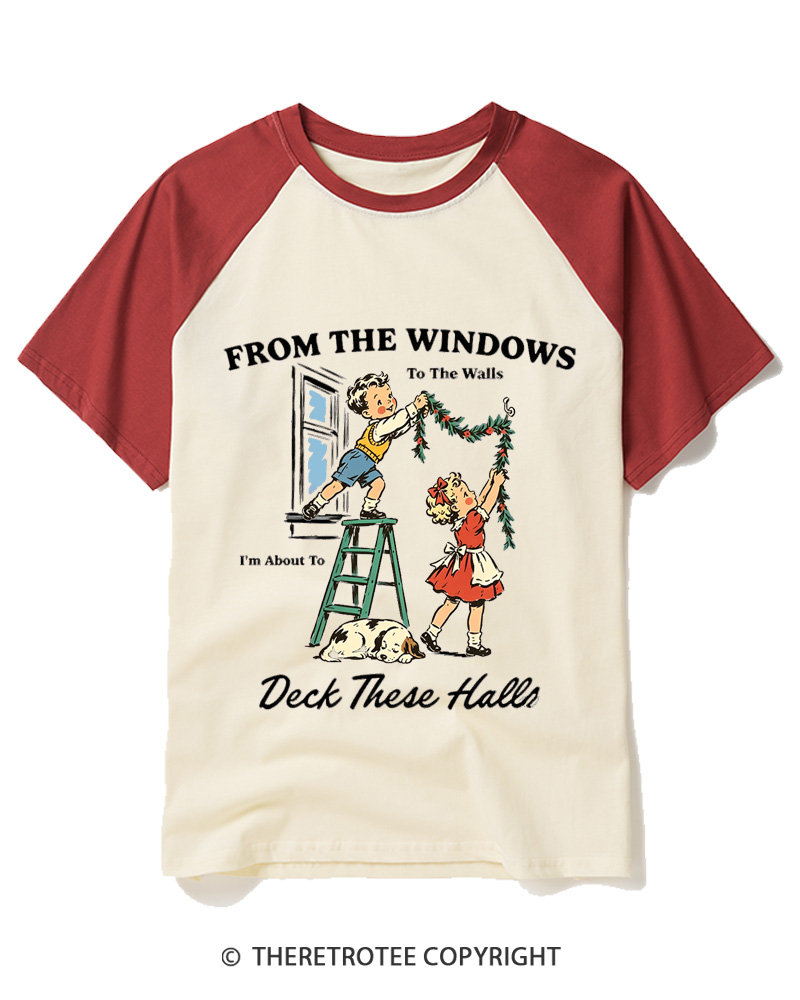 TheRetroTee From The Windows To The Walls Deck These Halls 1950s Raglan Baseball T-Shirt