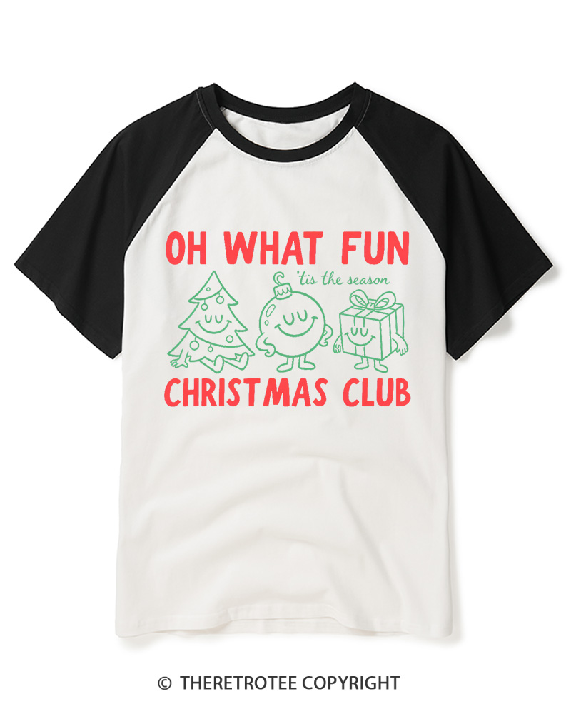 TheRetroTee Oh What Fun Christmas Club 1960s Raglan Baseball T-Shirt