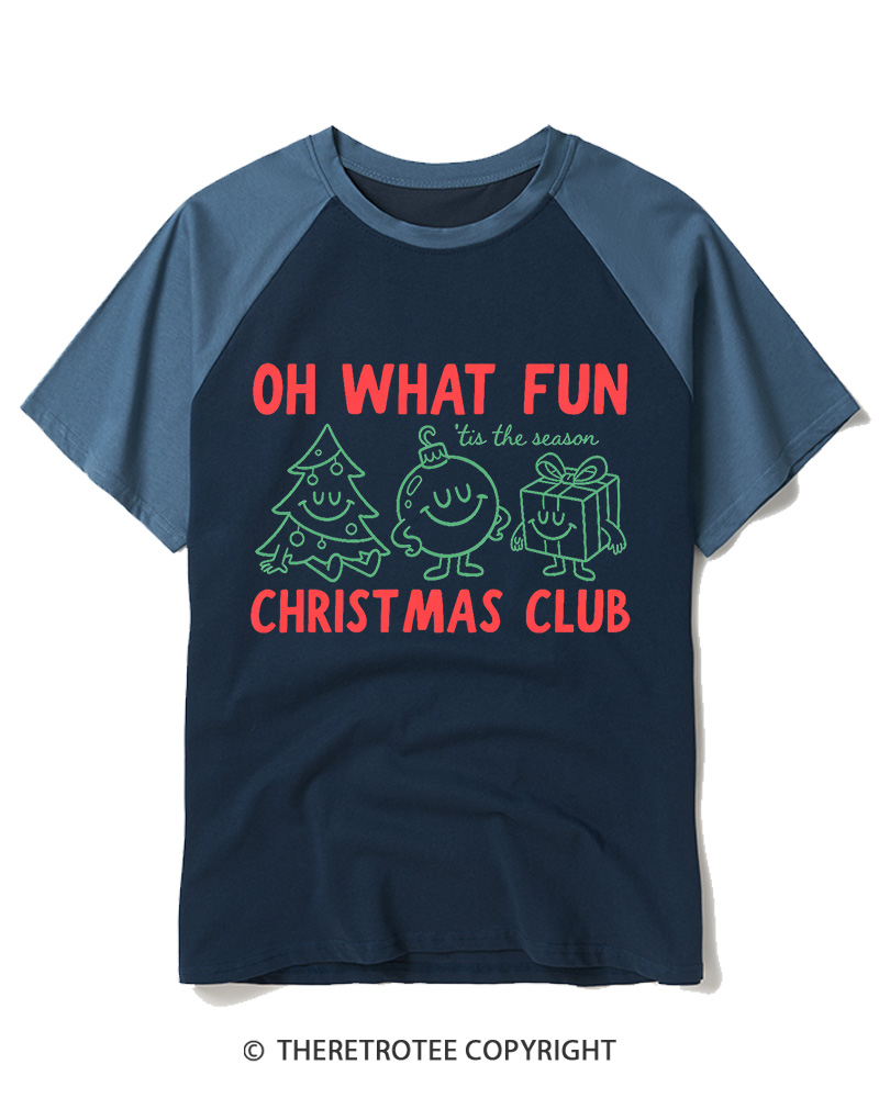 TheRetroTee Oh What Fun Christmas Club 1960s Raglan Baseball T-Shirt
