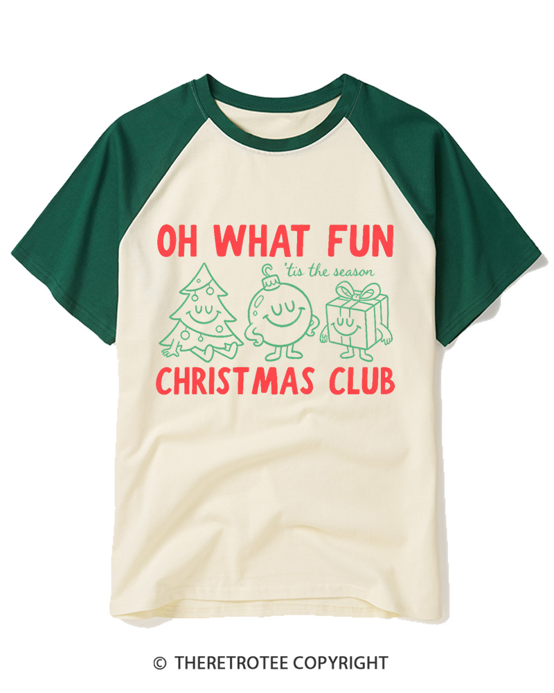 TheRetroTee Oh What Fun Christmas Club 1960s Raglan Baseball T-Shirt