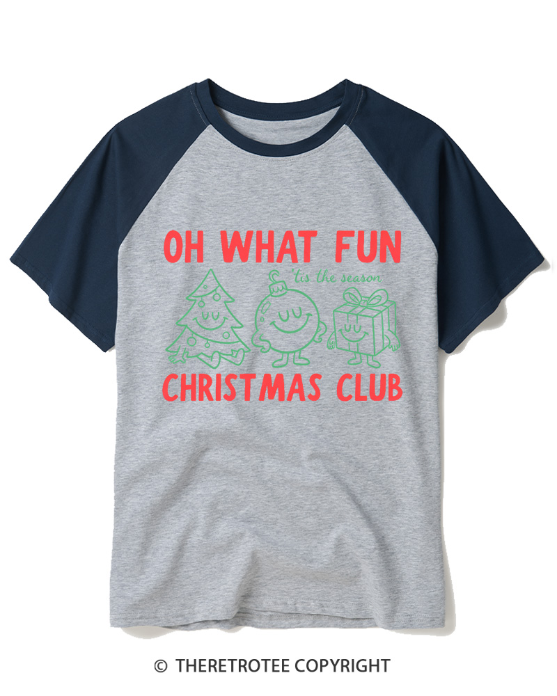 TheRetroTee Oh What Fun Christmas Club 1960s Raglan Baseball T-Shirt