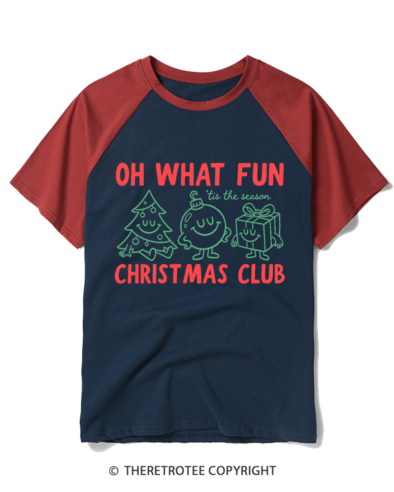 TheRetroTee Oh What Fun Christmas Club 1960s Raglan Baseball T-Shirt